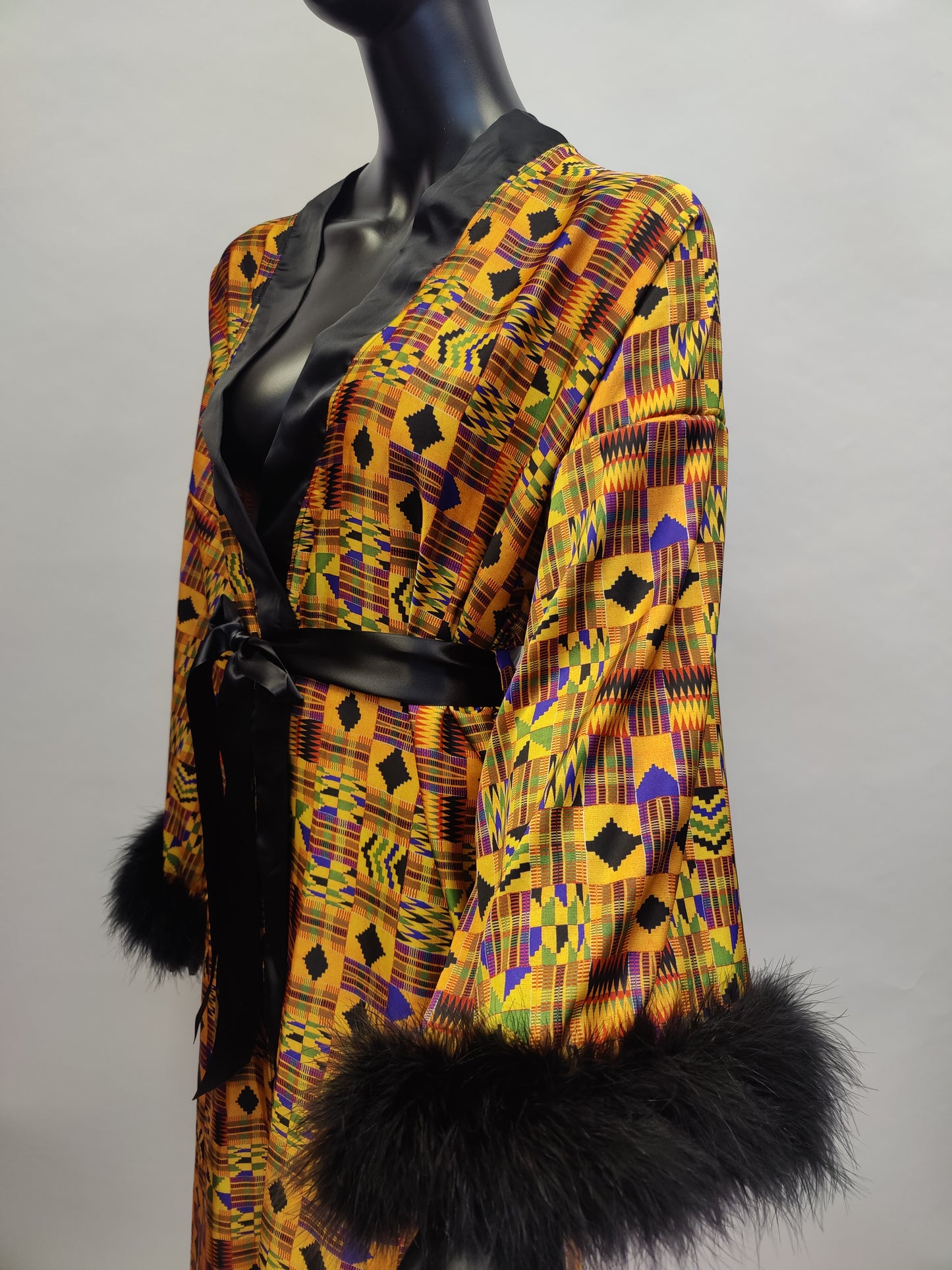 Nefertiti Kente Print Satin Dressing Gown Kimono Robe with Feather Trim Cuffs