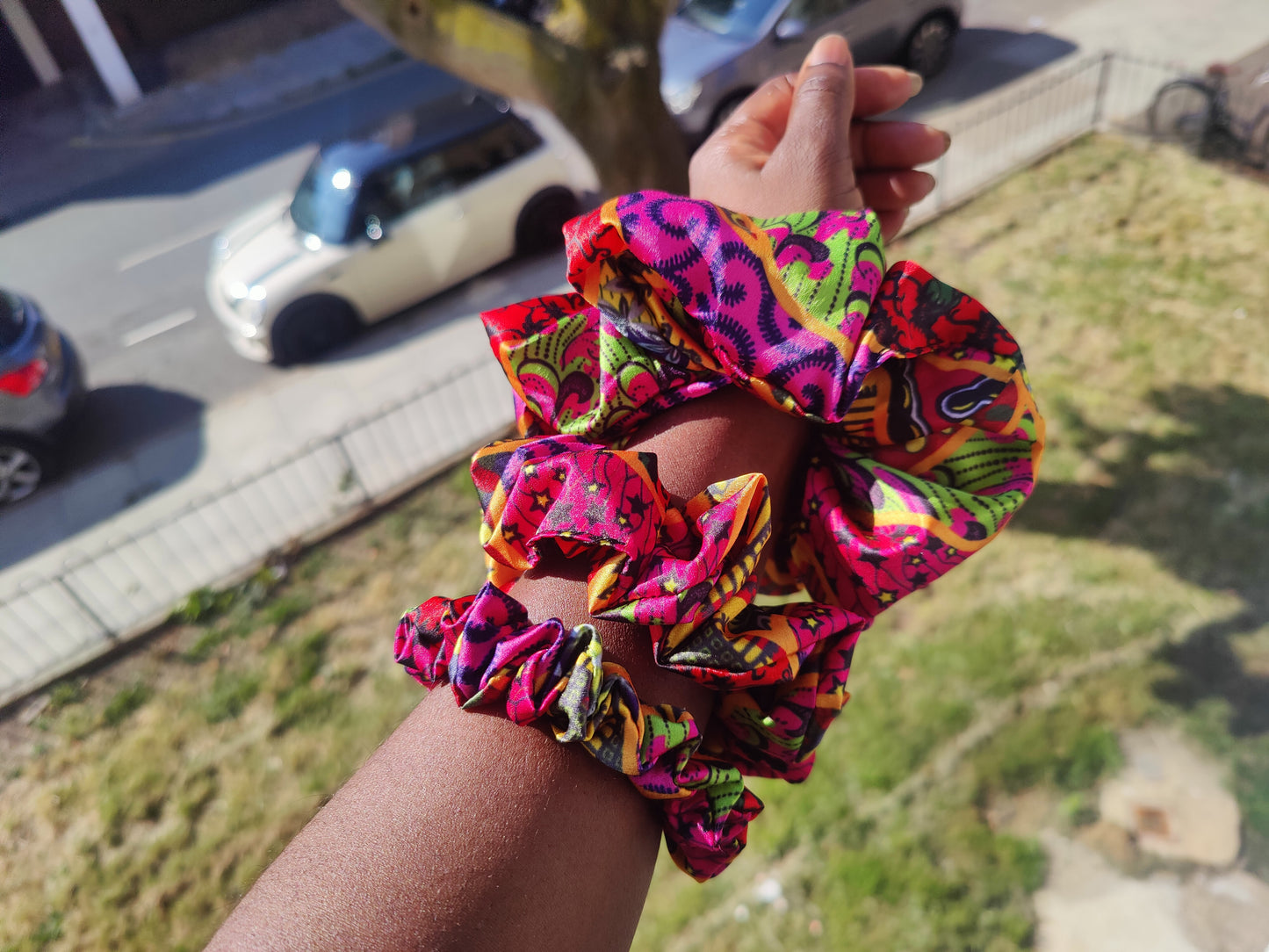 Satin Pink Yellow Green African Print Scrunchie