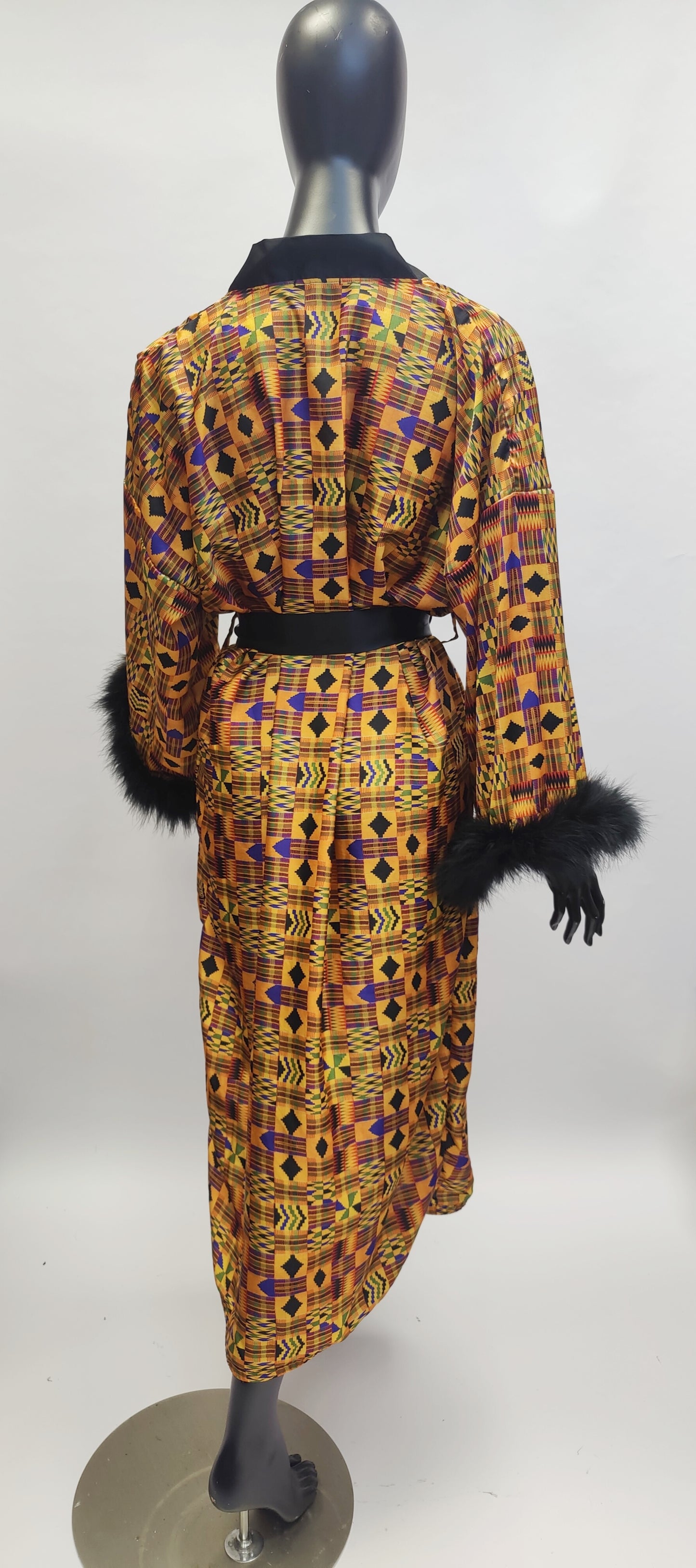 Nefertiti Kente Print Satin Dressing Gown Kimono Robe with Feather Trim Cuffs