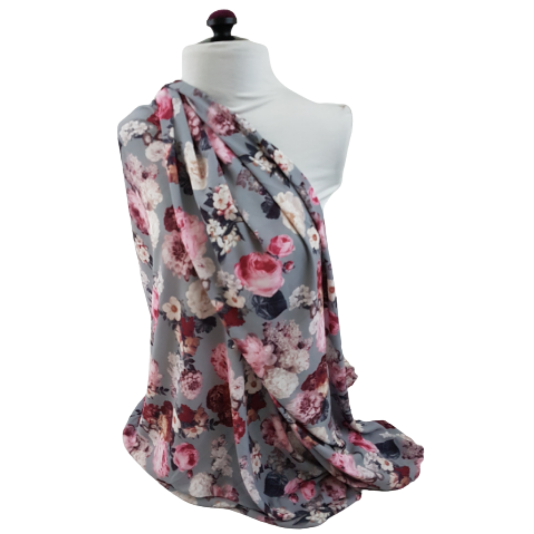 Grey Flowers Print Georgette Fabric
