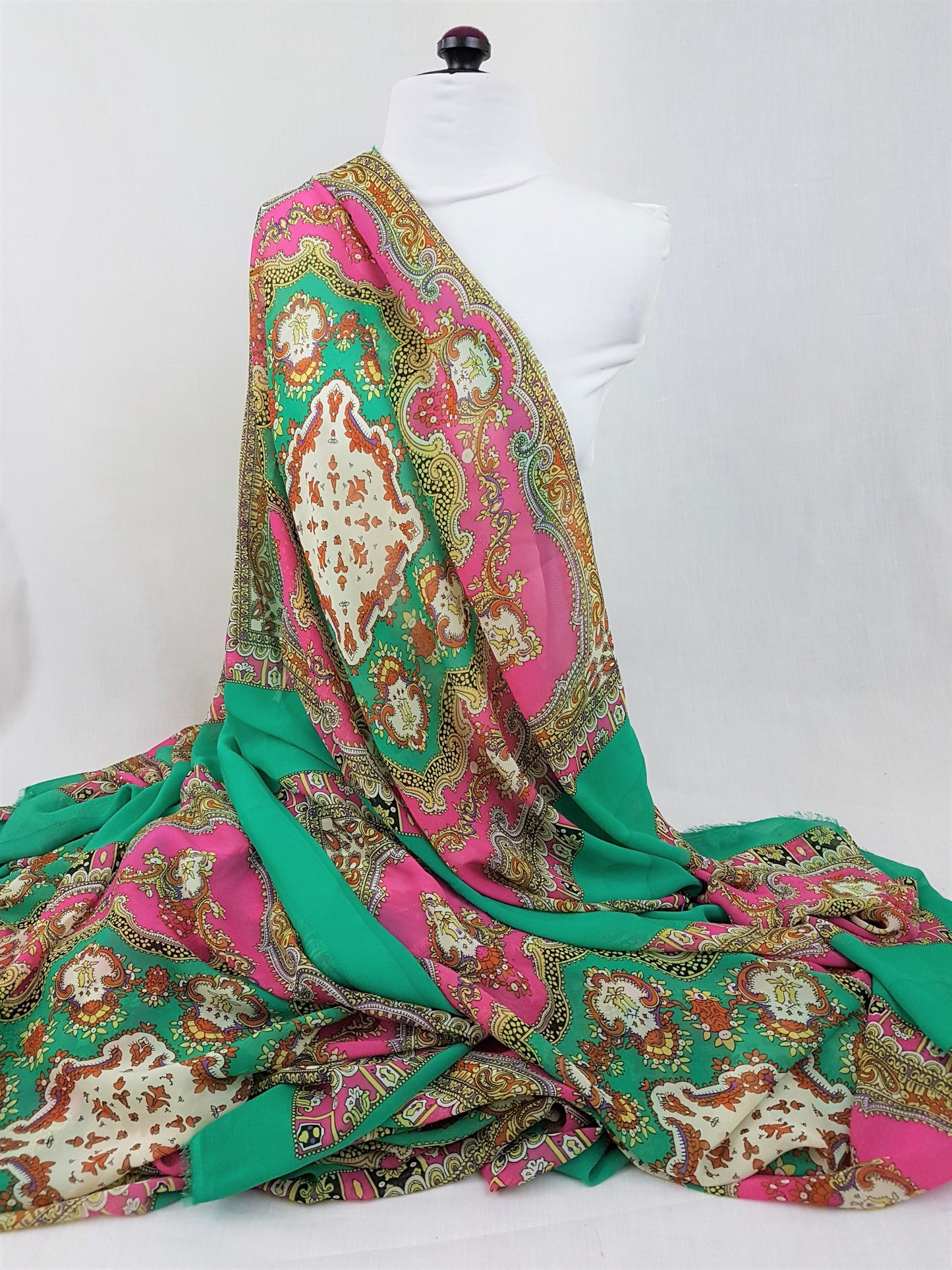 Green and Pink Print Chiffon Fabric