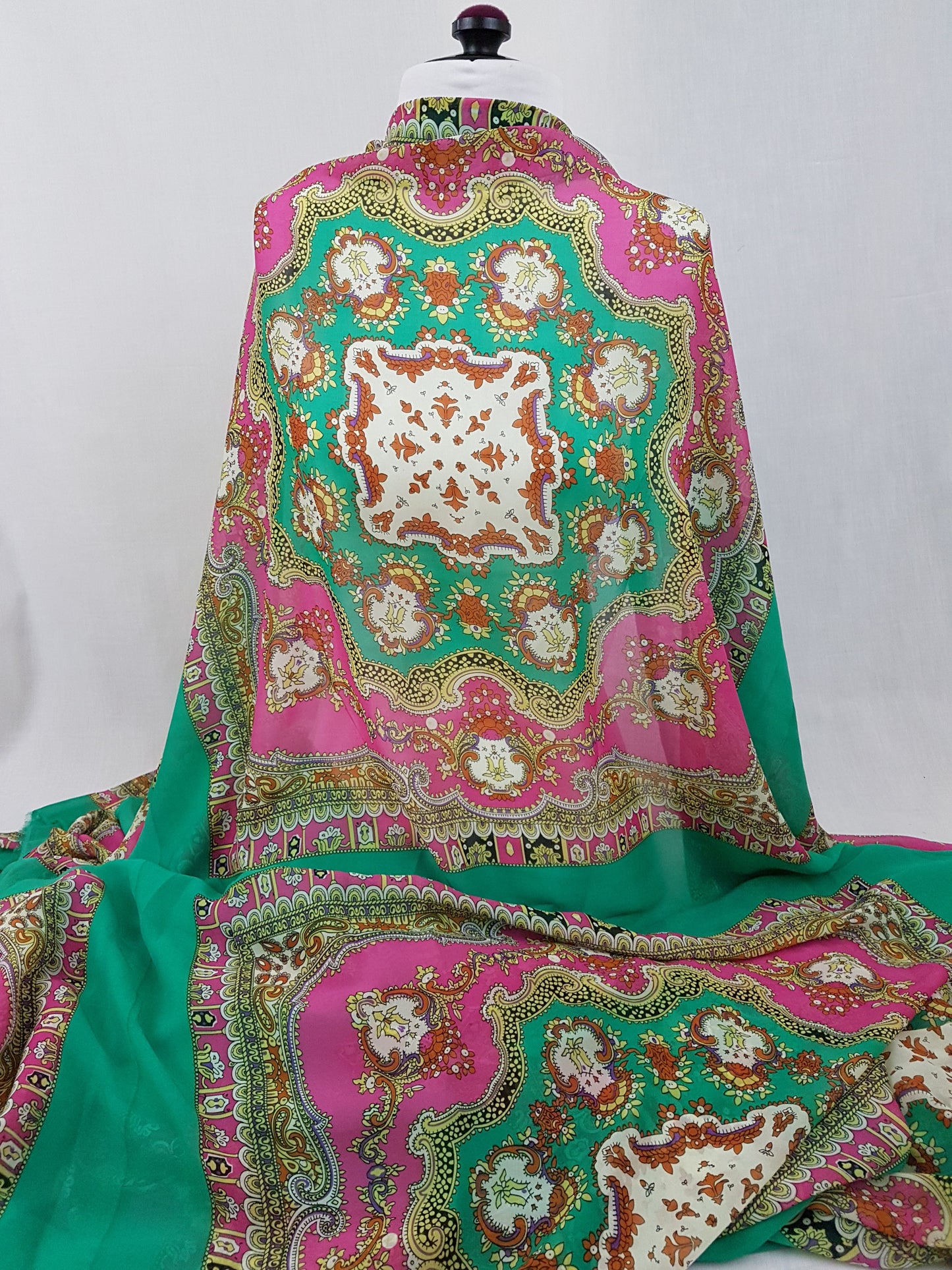Green and Pink Print Chiffon Fabric