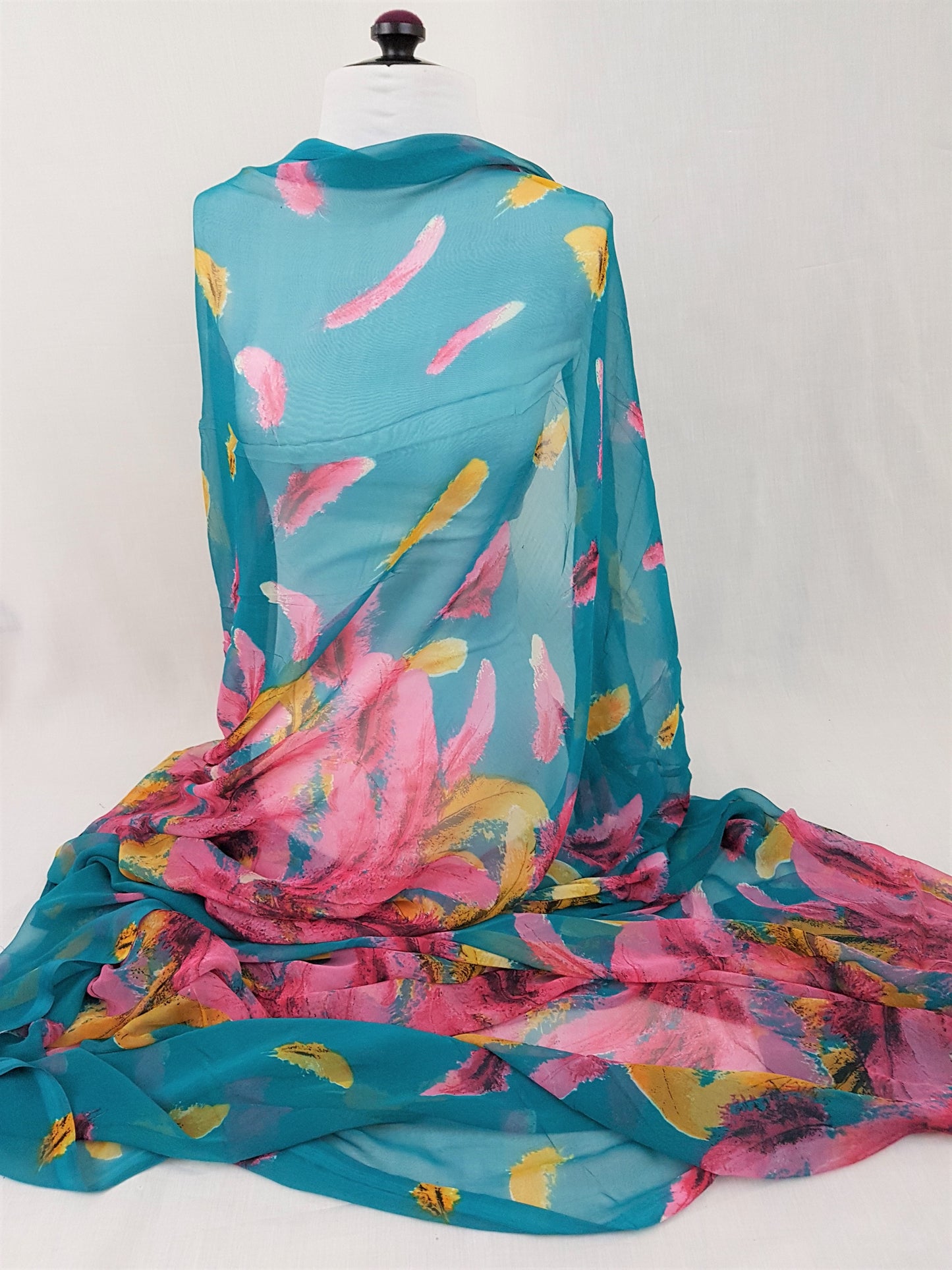 Teal Green Feather Print Chiffon Fabric