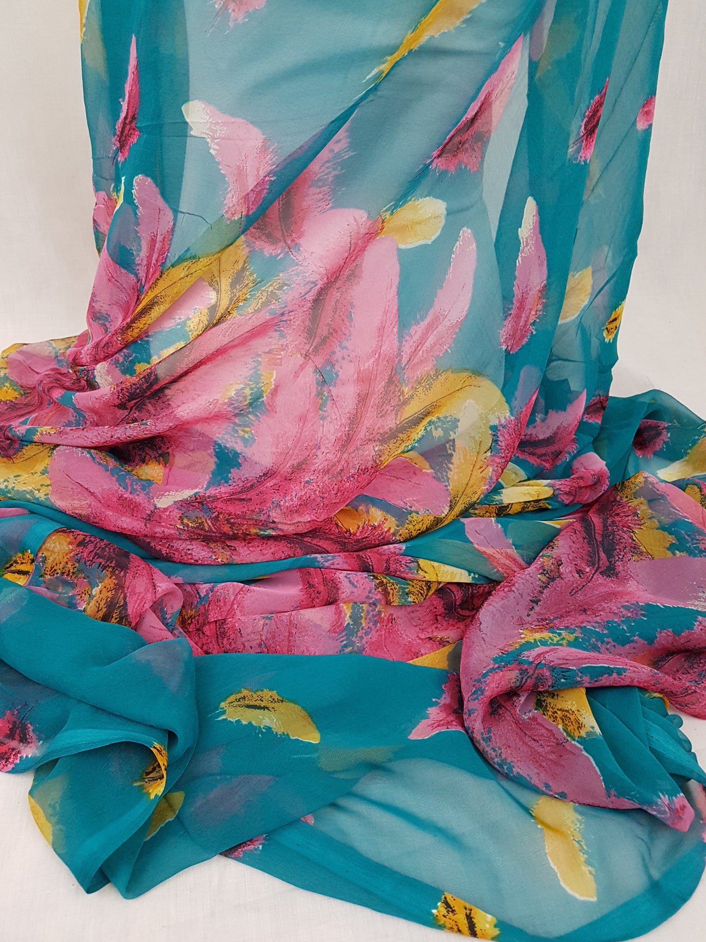 Teal Green Feather Print Chiffon Fabric