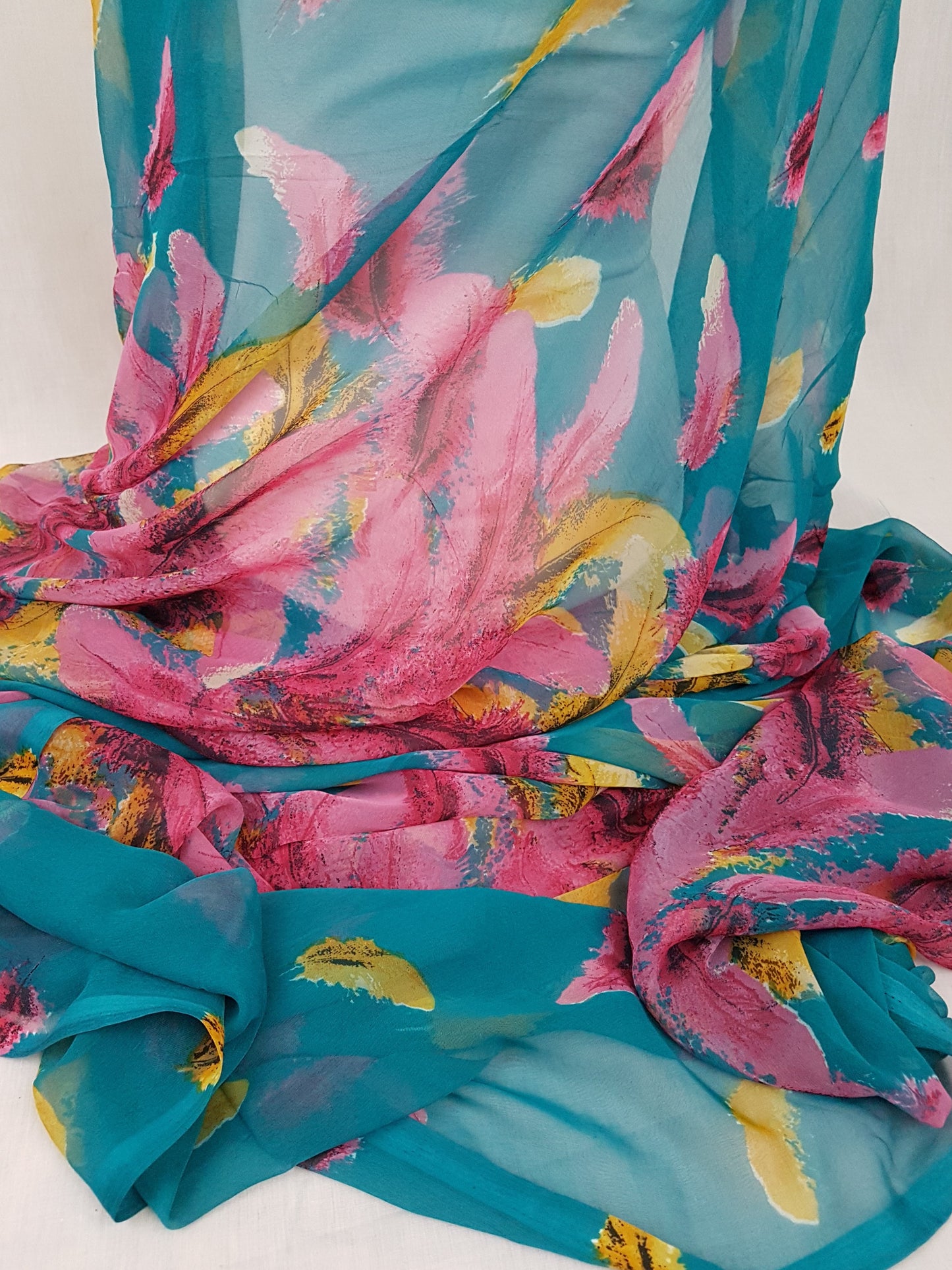 Teal Green Feather Print Chiffon Fabric