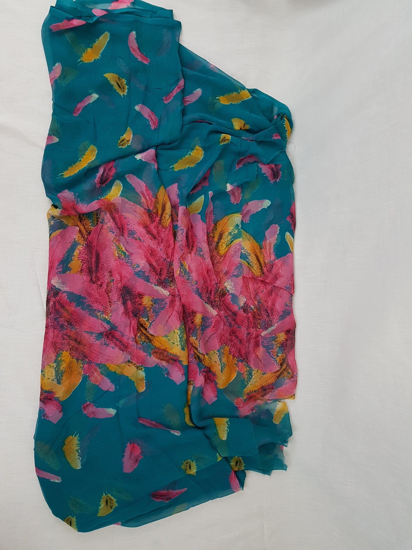 Teal Green Feather Print Chiffon Fabric