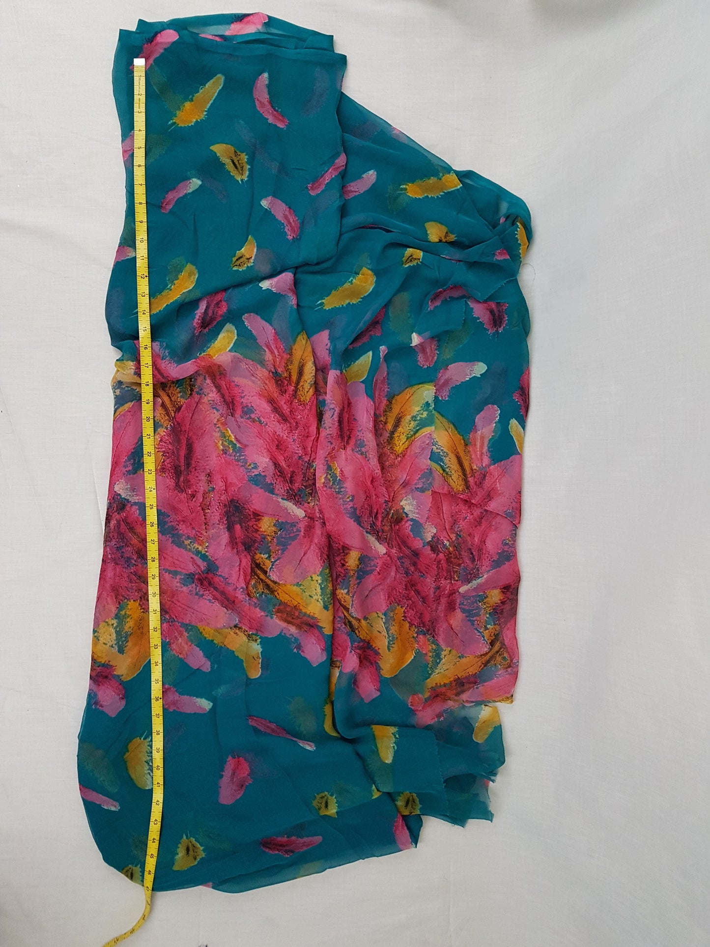 Teal Green Feather Print Chiffon Fabric