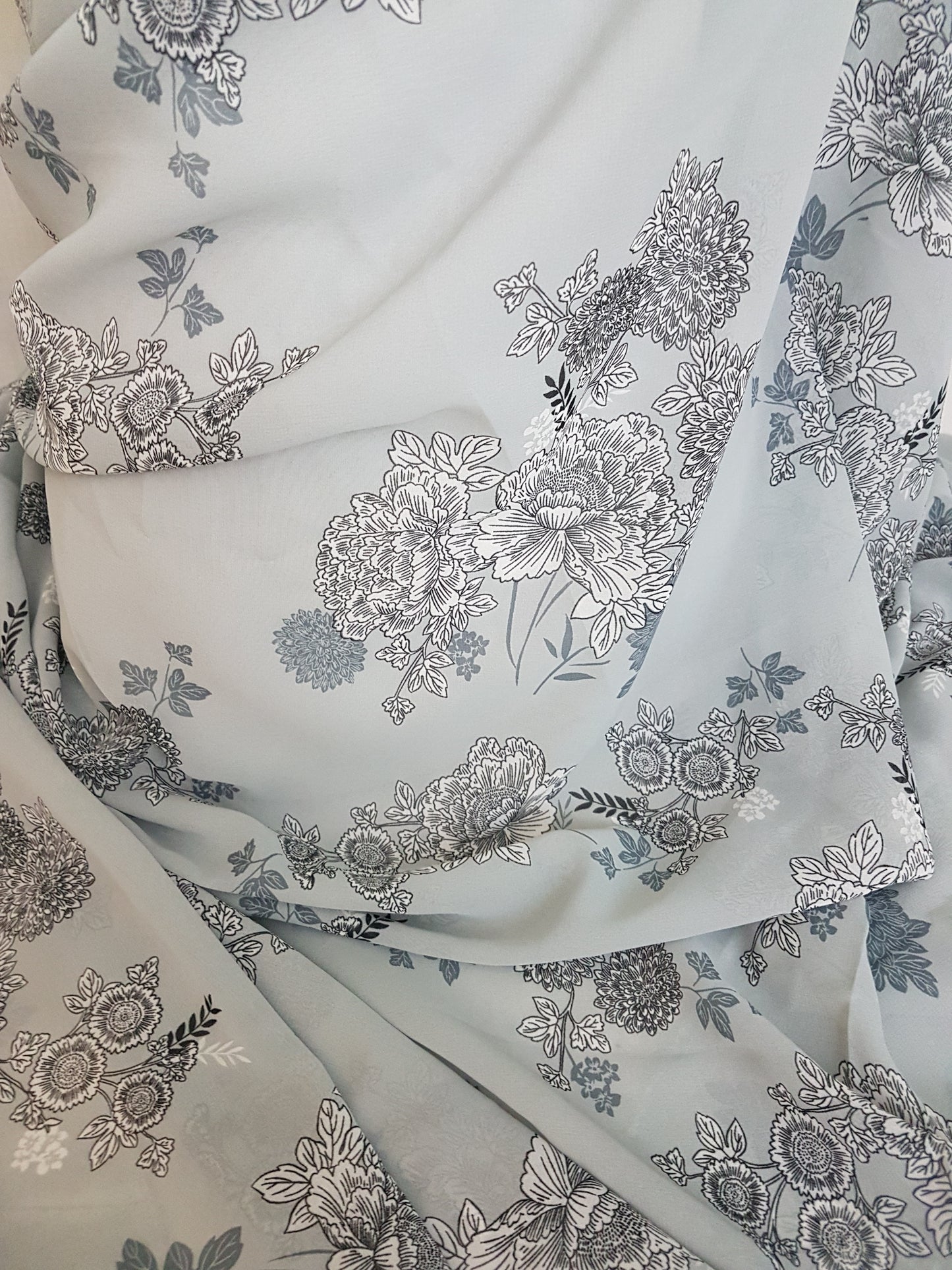 Grey Floral Pattern Print Chiffon Fabric