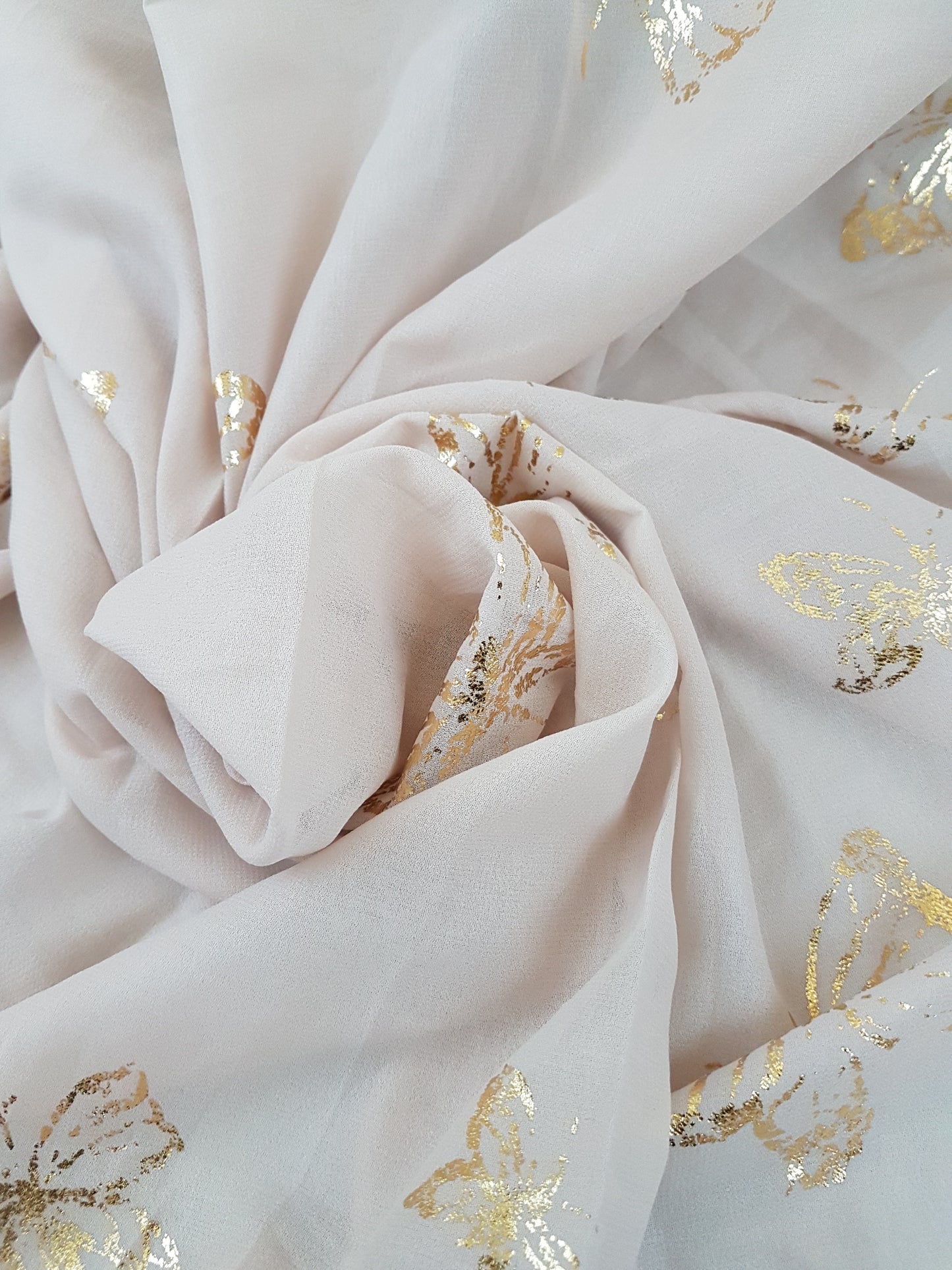 Peach Cream Chiffon Gold Butterfly Pattern Print Chiffon Fabric