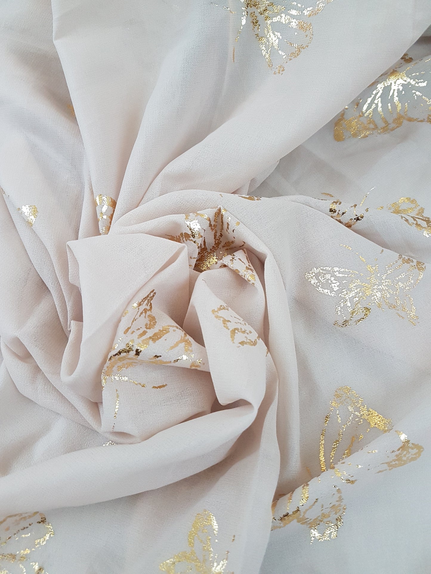Peach Cream Chiffon Gold Butterfly Pattern Print Chiffon Fabric