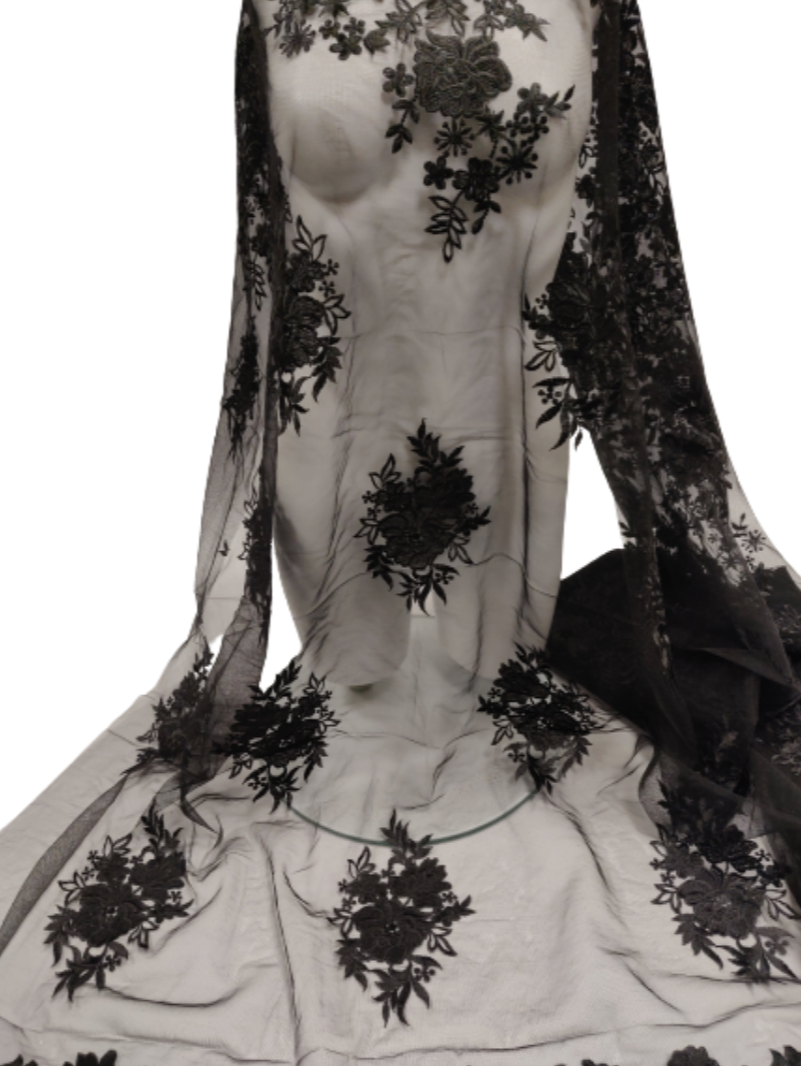 Black Floral Embroidery Tulle Net Lace Fabric