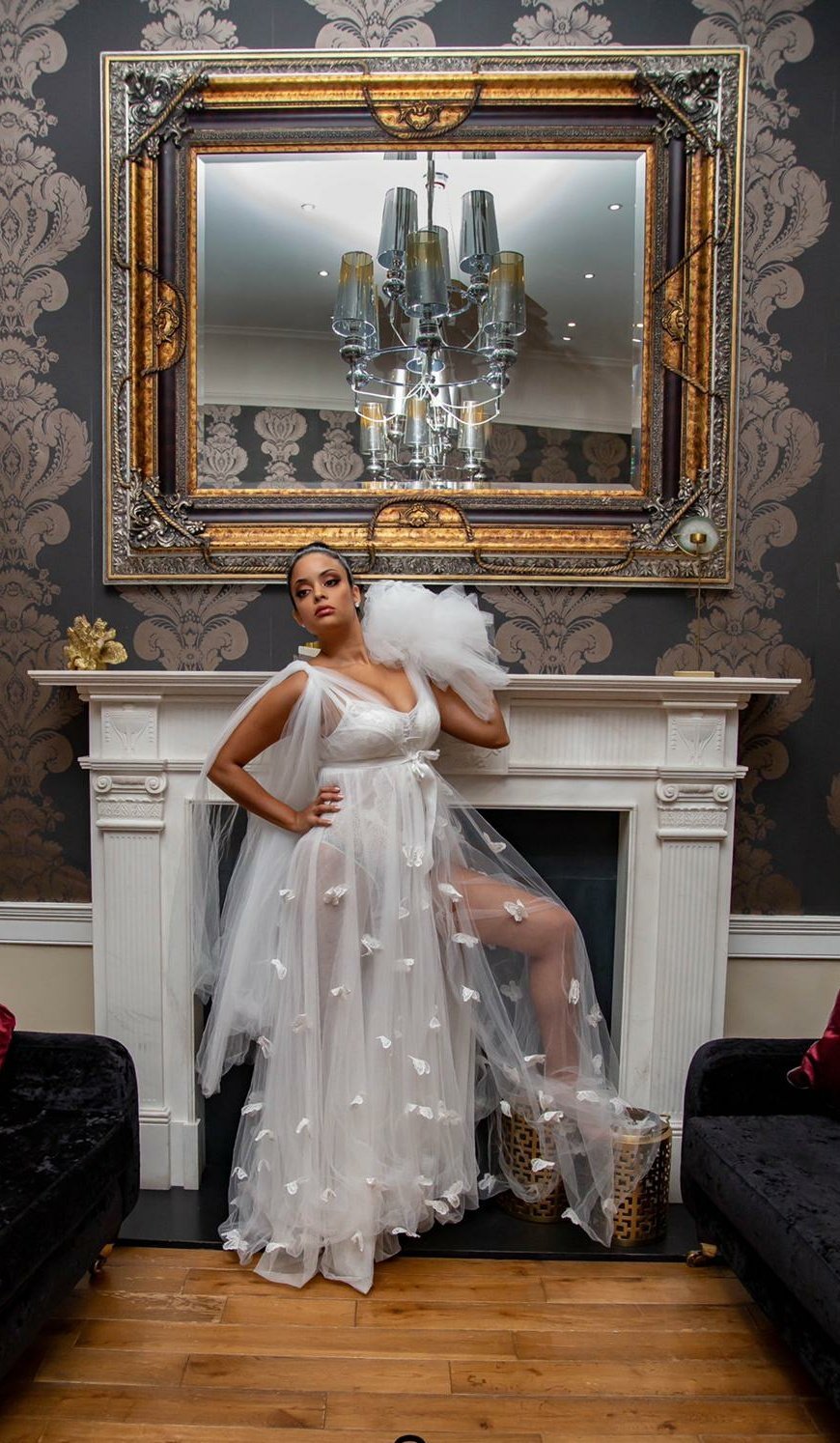 LOVELEIGH - Tulle Handsewn Butterfly Infinity Sleeves Luxury Bridal Robe
