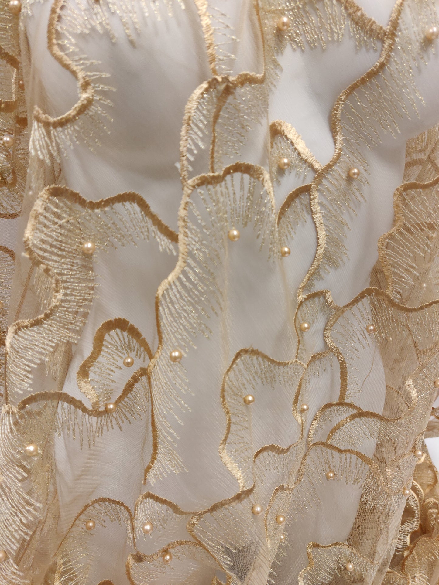 Gold Embroidery Pearl Tulle Net Lace Fabric