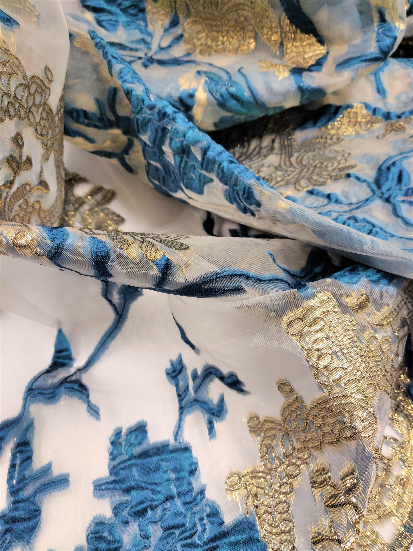 Teal and Gold Organza Brocade Fabric