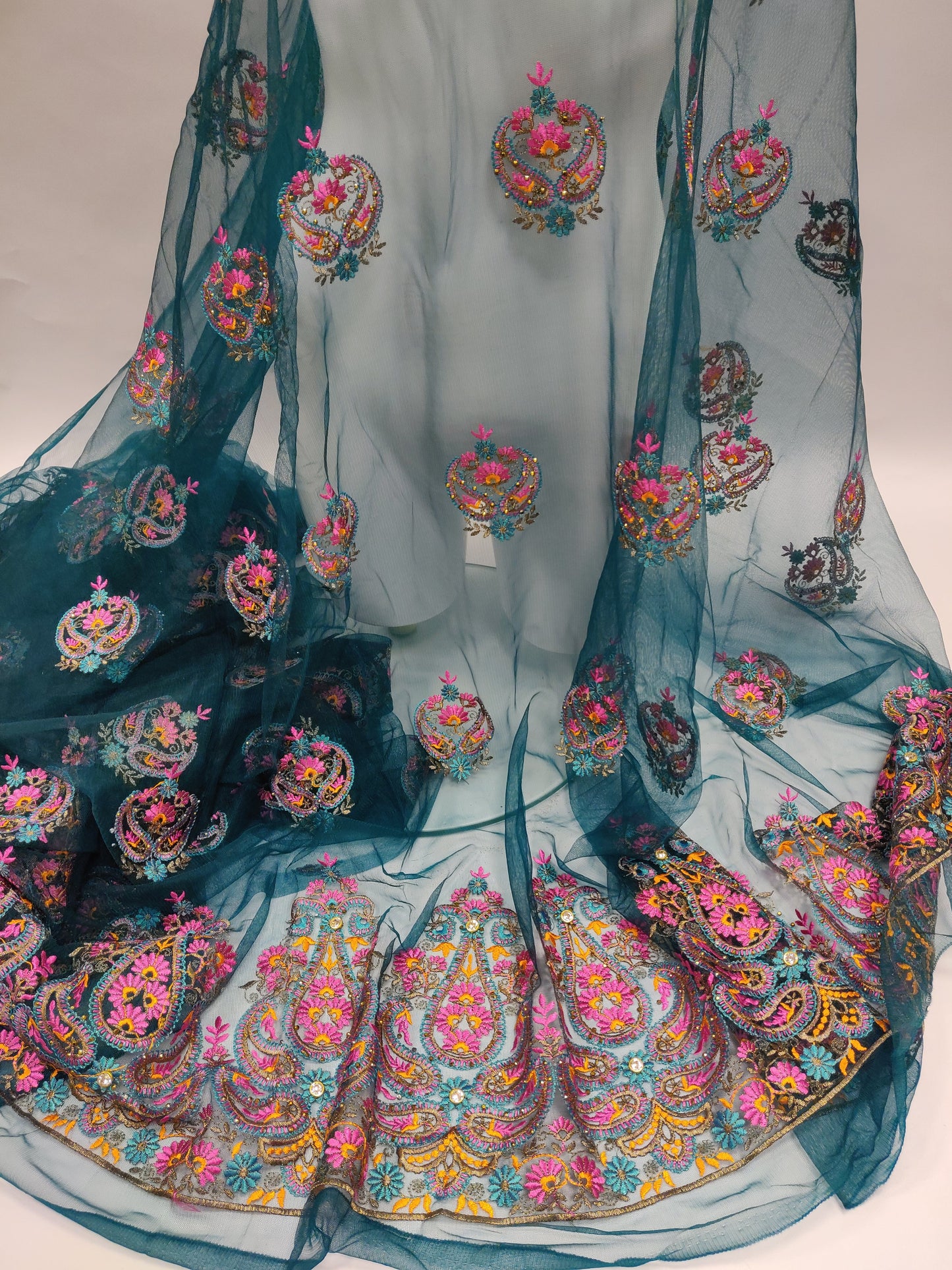 Emerald Green Embroidered Tulle Net Lace Fabric