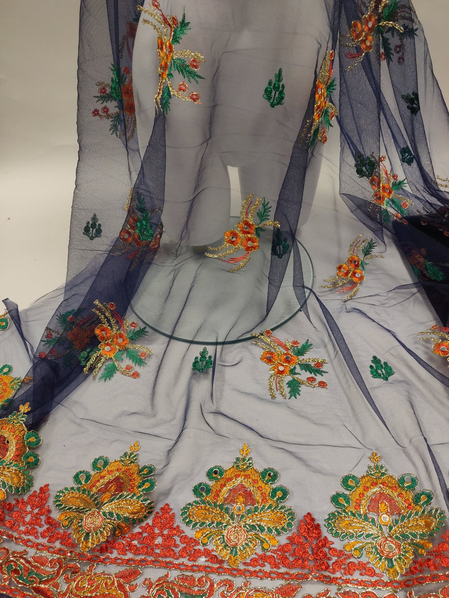 Navy Blue Embroidered Tulle Net Lace Fabric