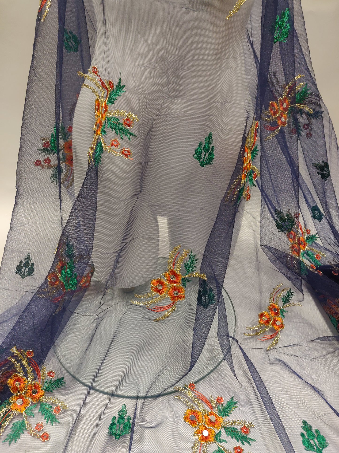 Navy Blue Embroidered Tulle Net Lace Fabric