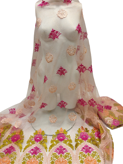 Baby Pink Embroidered Tulle Net Glitter Lace Fabric