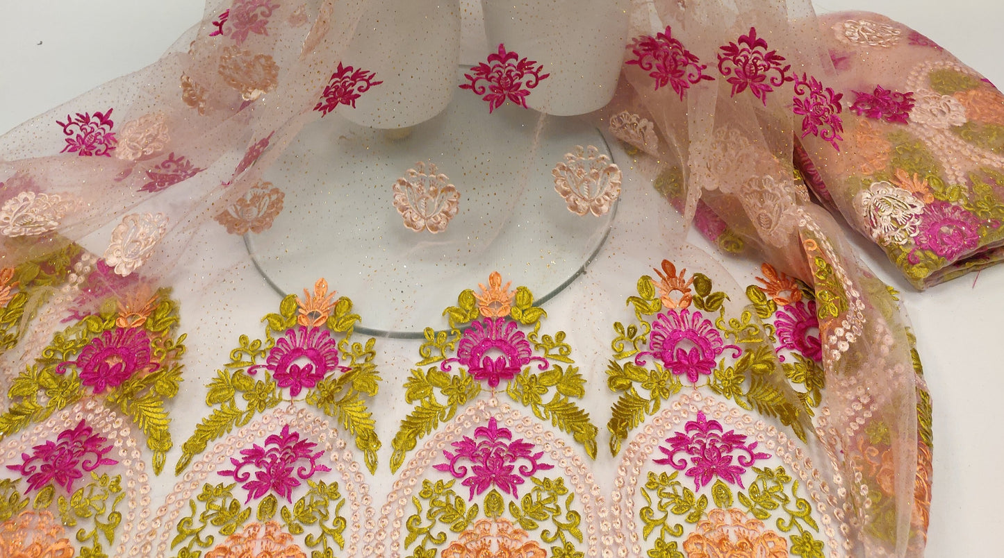 Baby Pink Embroidered Tulle Net Glitter Lace Fabric