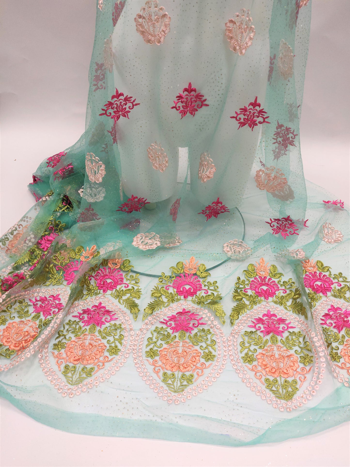Green Embroidered Tulle Net Glitter Lace Fabric