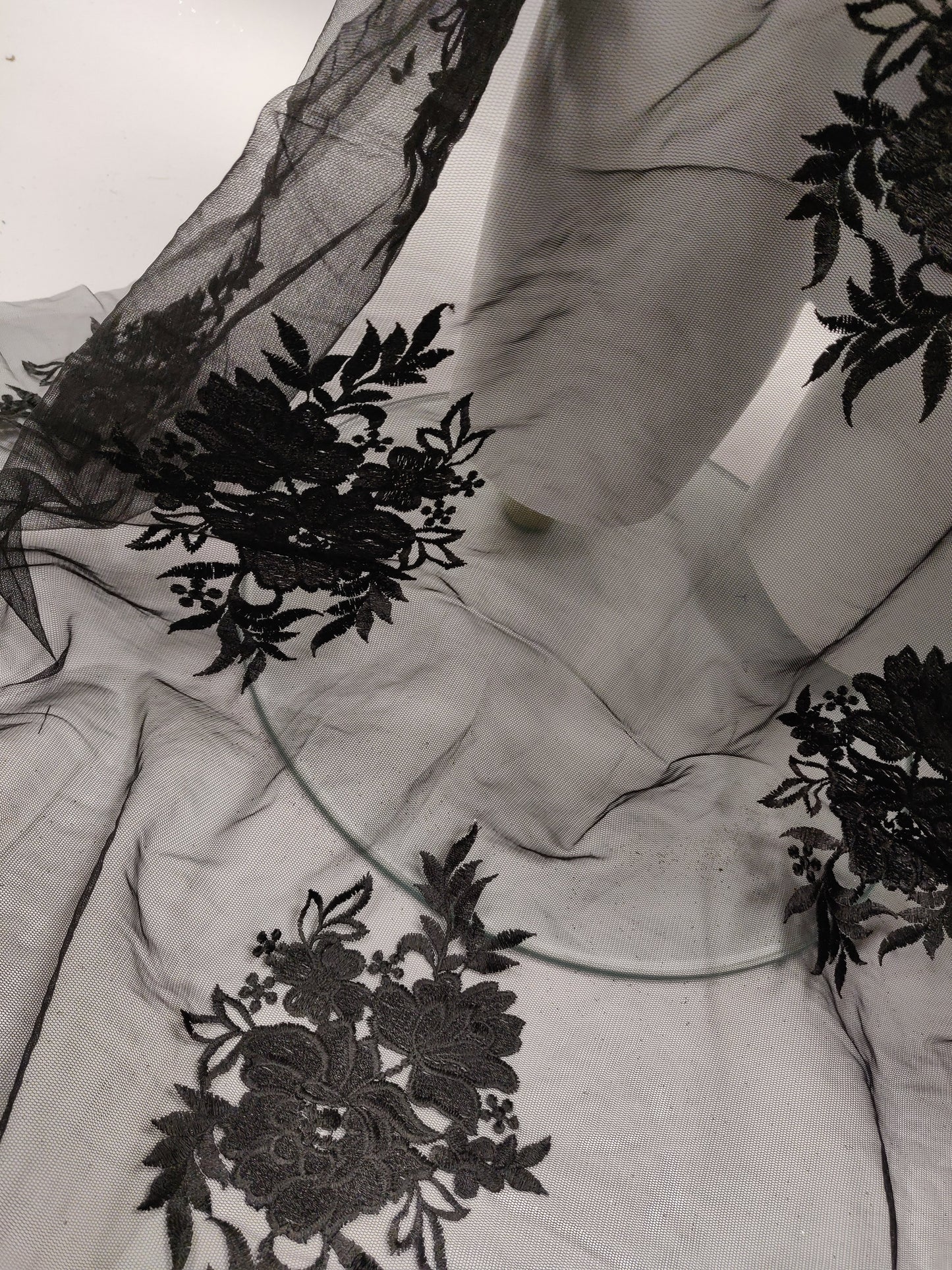 Black Floral Embroidery Tulle Net Lace Fabric
