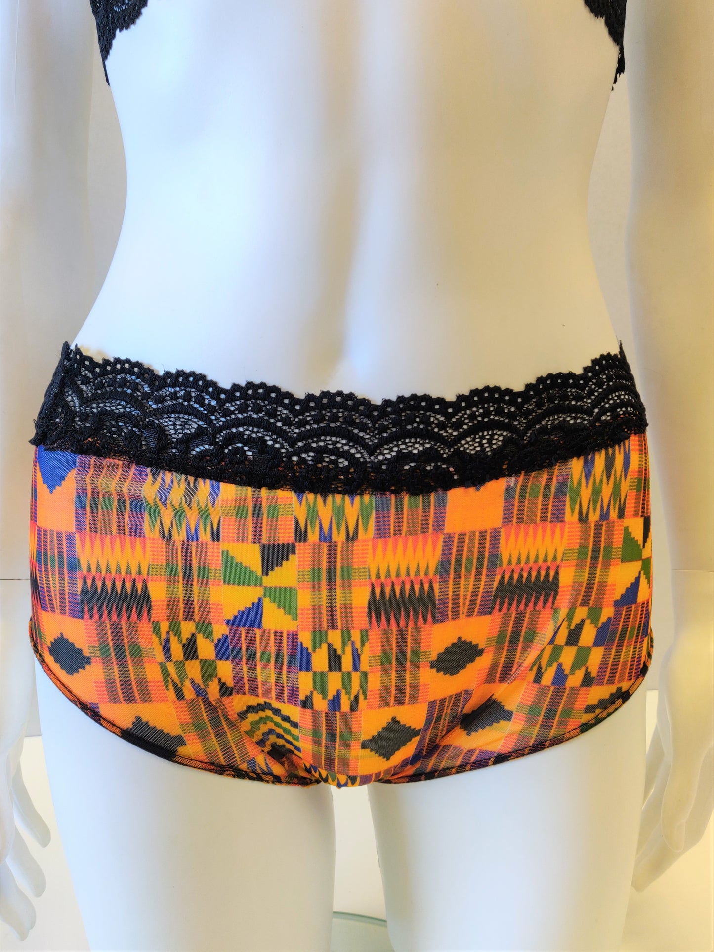 Nandi Keyhole Lace and Kente Print Mesh Briefs