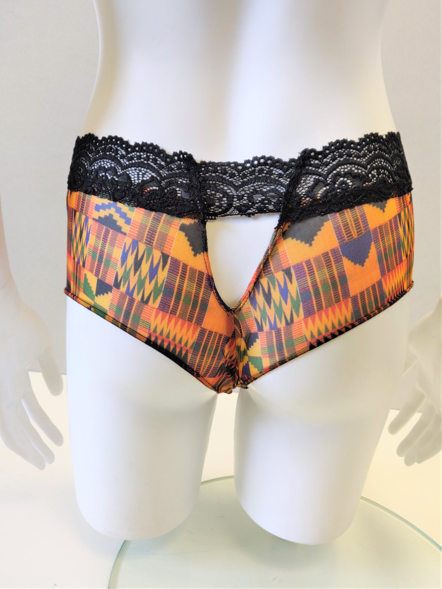 Nandi Keyhole Lace and Kente Print Mesh Briefs