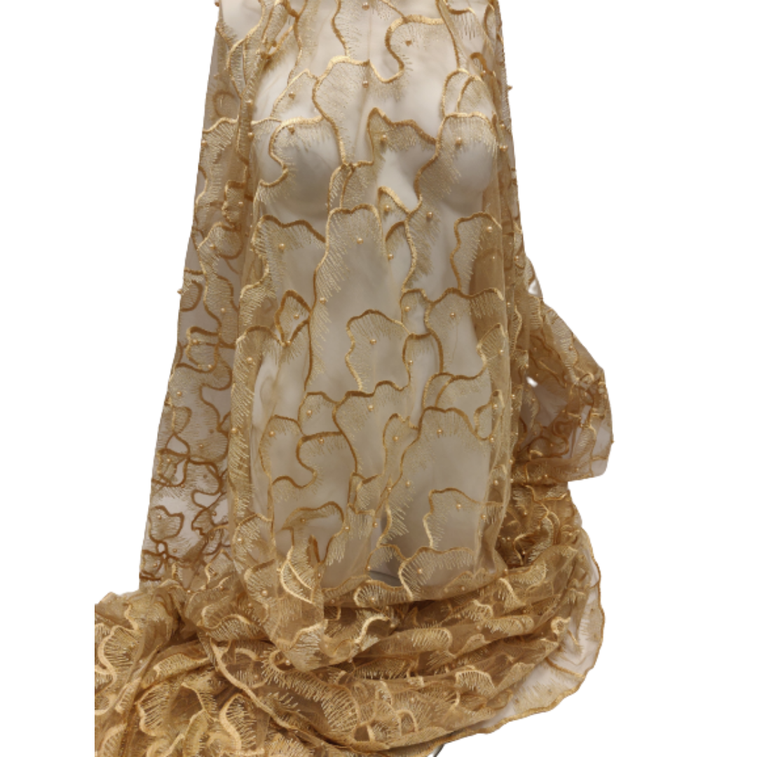 Gold Embroidery Pearl Tulle Net Lace Fabric