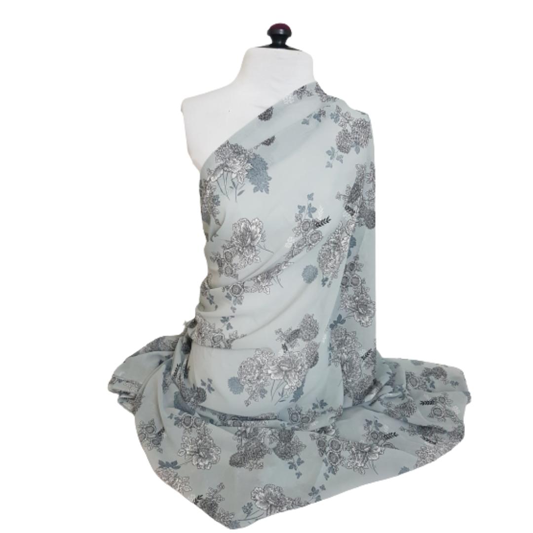 Grey Floral Pattern Print Chiffon Fabric