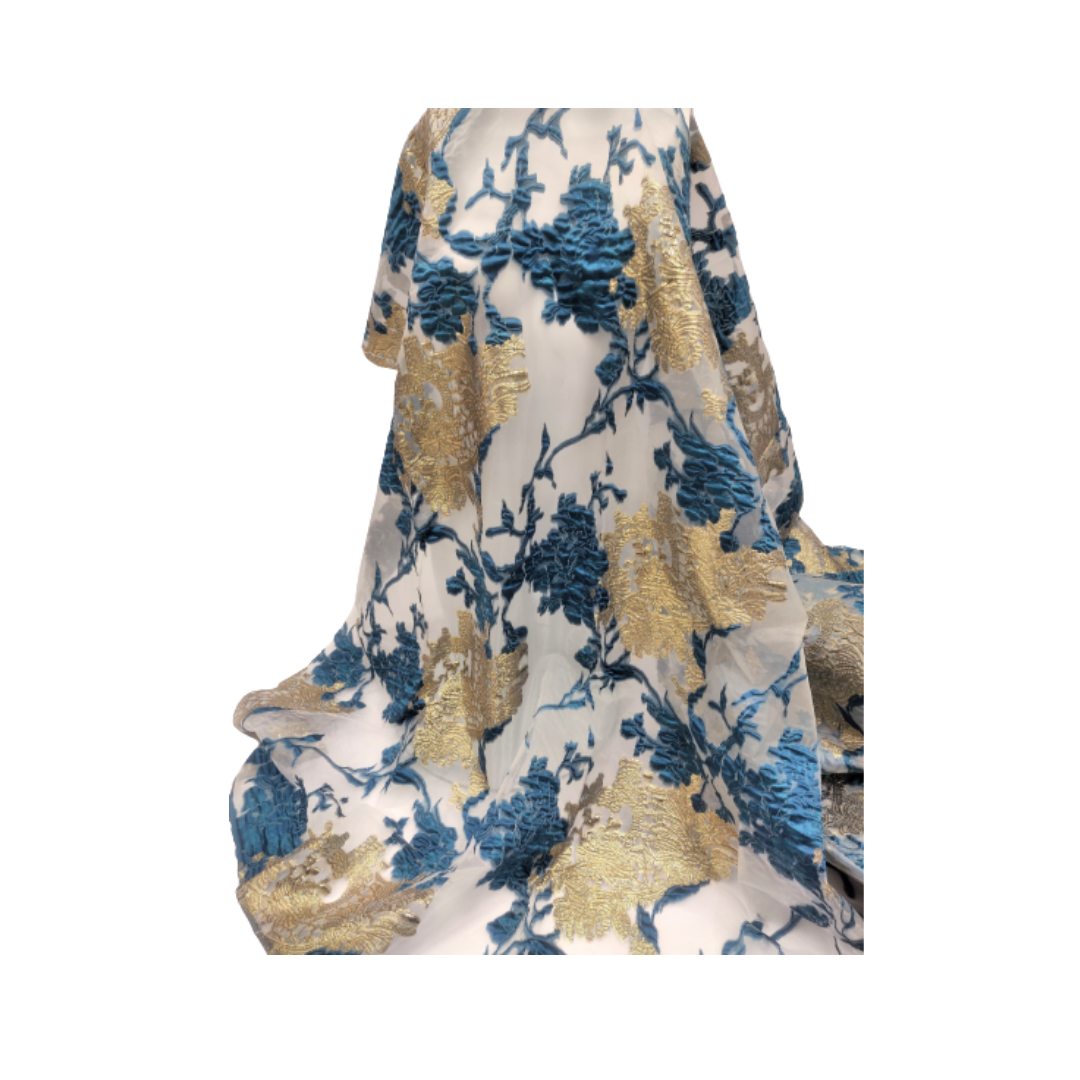 Teal and Gold Organza Brocade Fabric