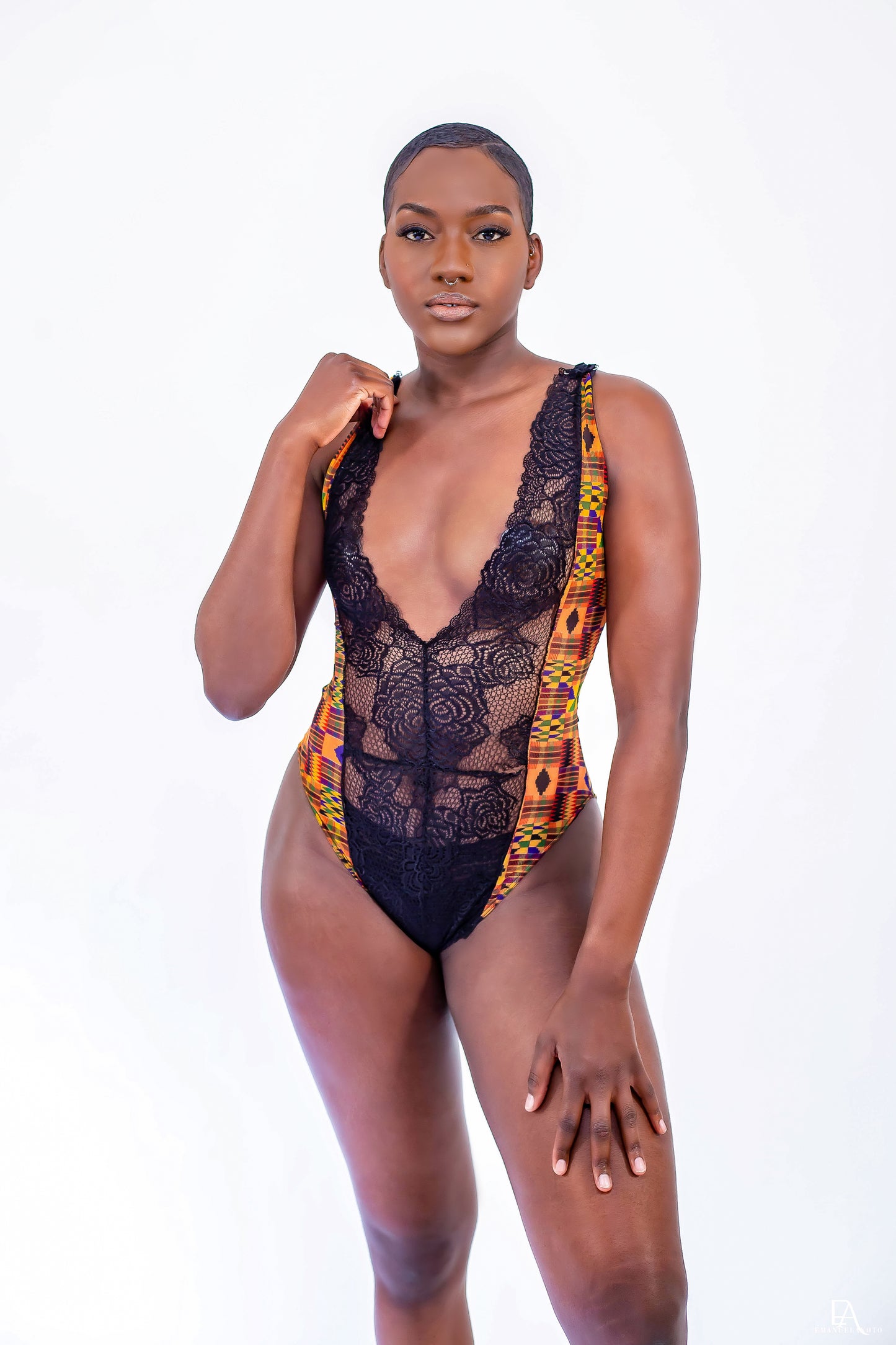 Makeda Lace and Kente print Mesh Bodysuit