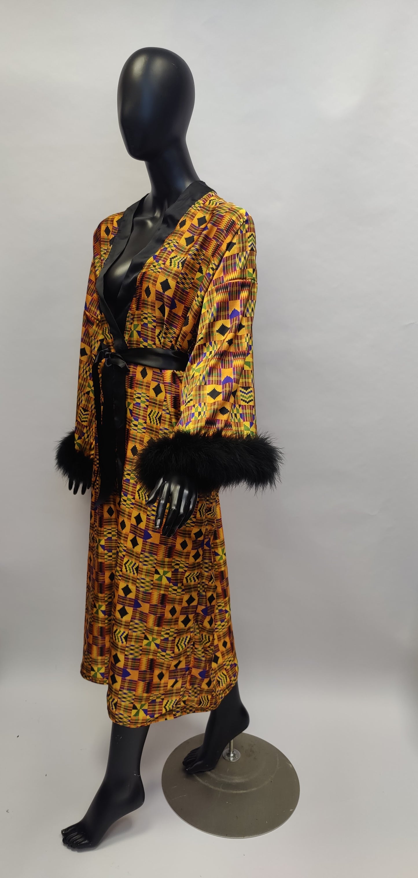 Nefertiti Kente Print Satin Dressing Gown Kimono Robe with Feather Trim Cuffs