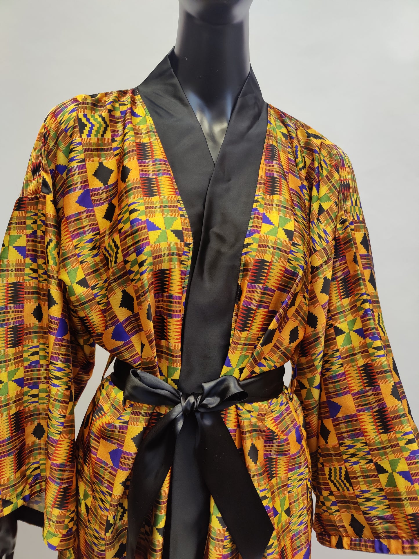 Nefertari Kente Print Satin Dressing Gown Kimono Robe