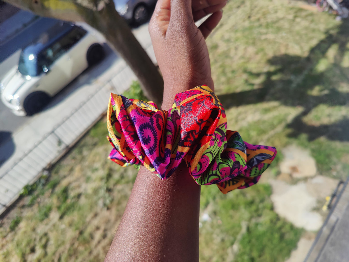 Satin Pink Yellow Green African Print Scrunchie