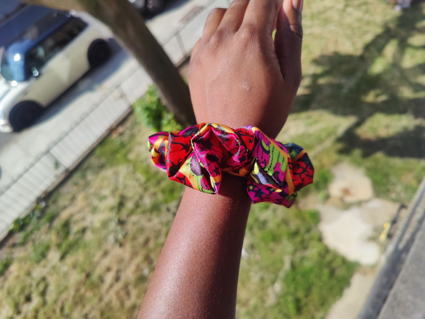 Satin Pink Yellow Green African Print Scrunchie