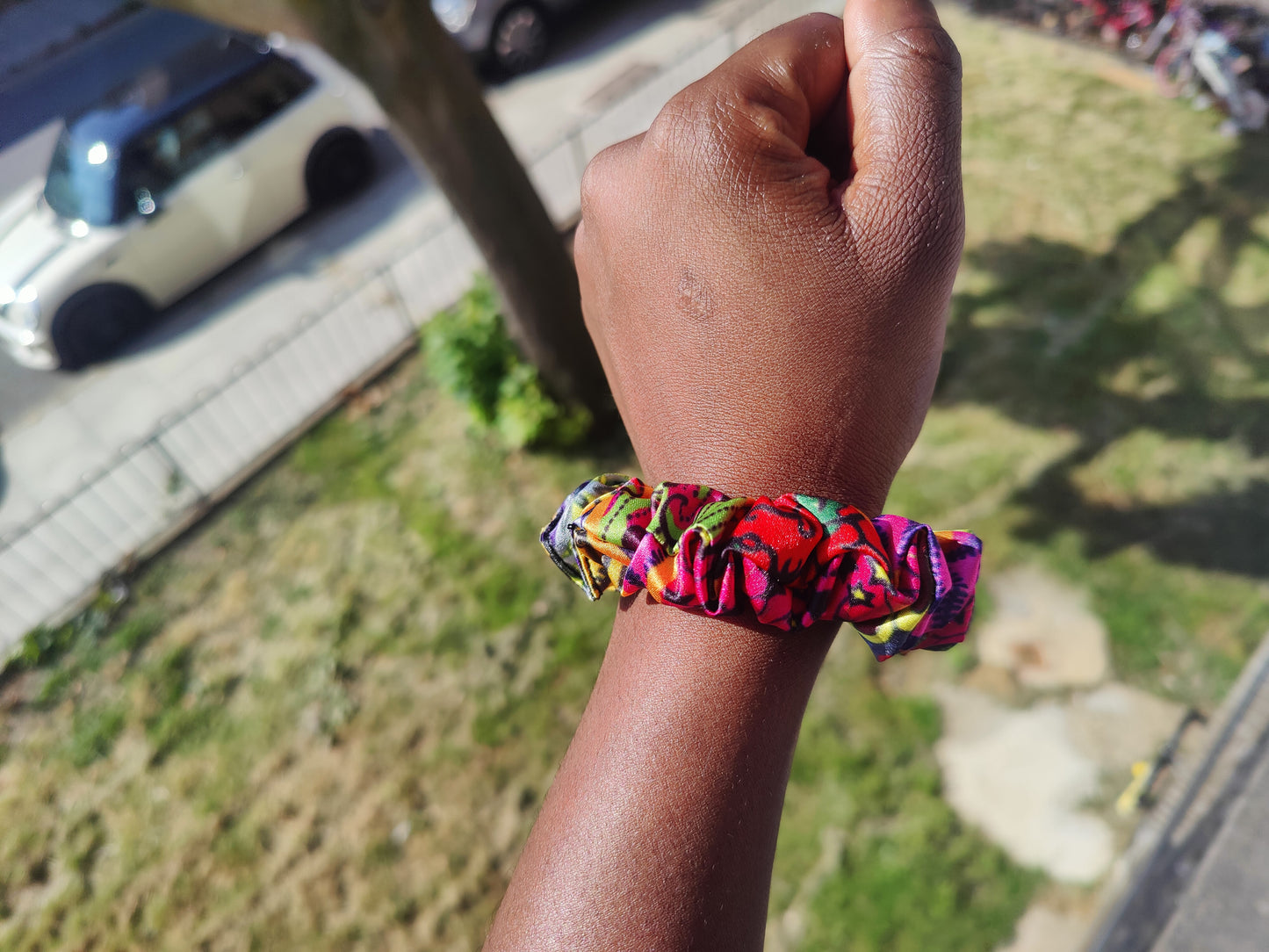 Satin Pink Yellow Green African Print Scrunchie