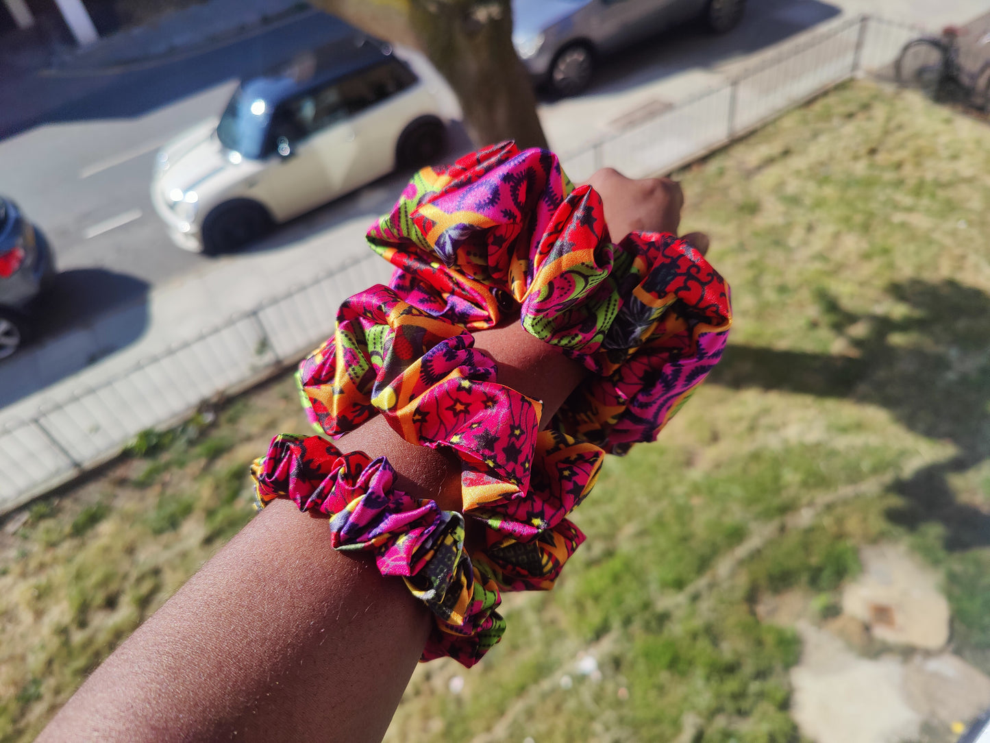 Satin Pink Yellow Green African Print Scrunchie