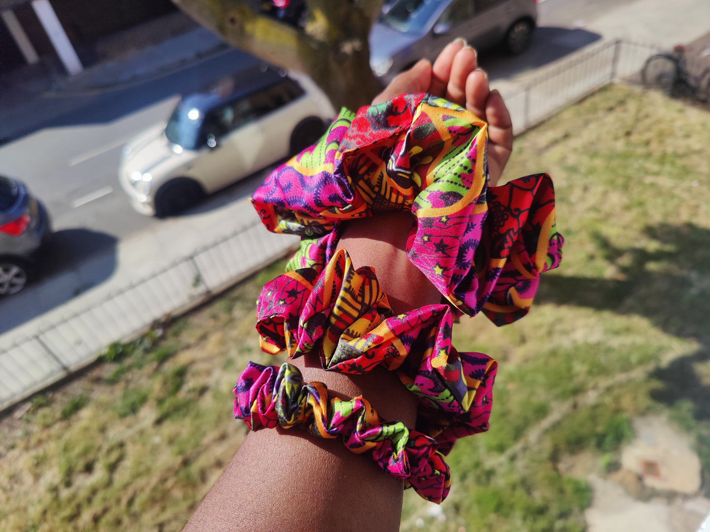 Satin Pink Yellow Green African Print Scrunchie