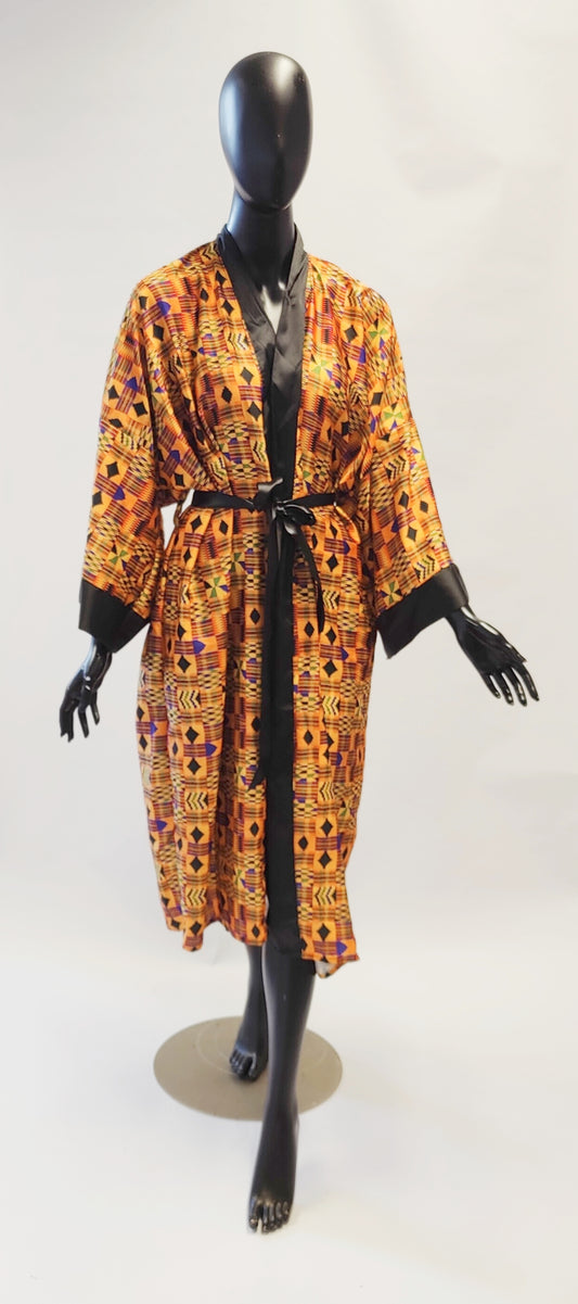 Nefertari Kente Print Satin Dressing Gown Kimono Robe