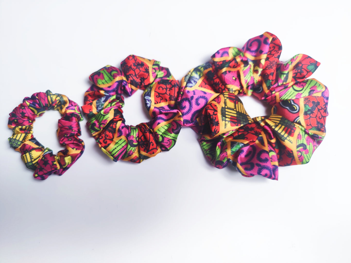 Satin Pink Yellow Green African Print Scrunchie