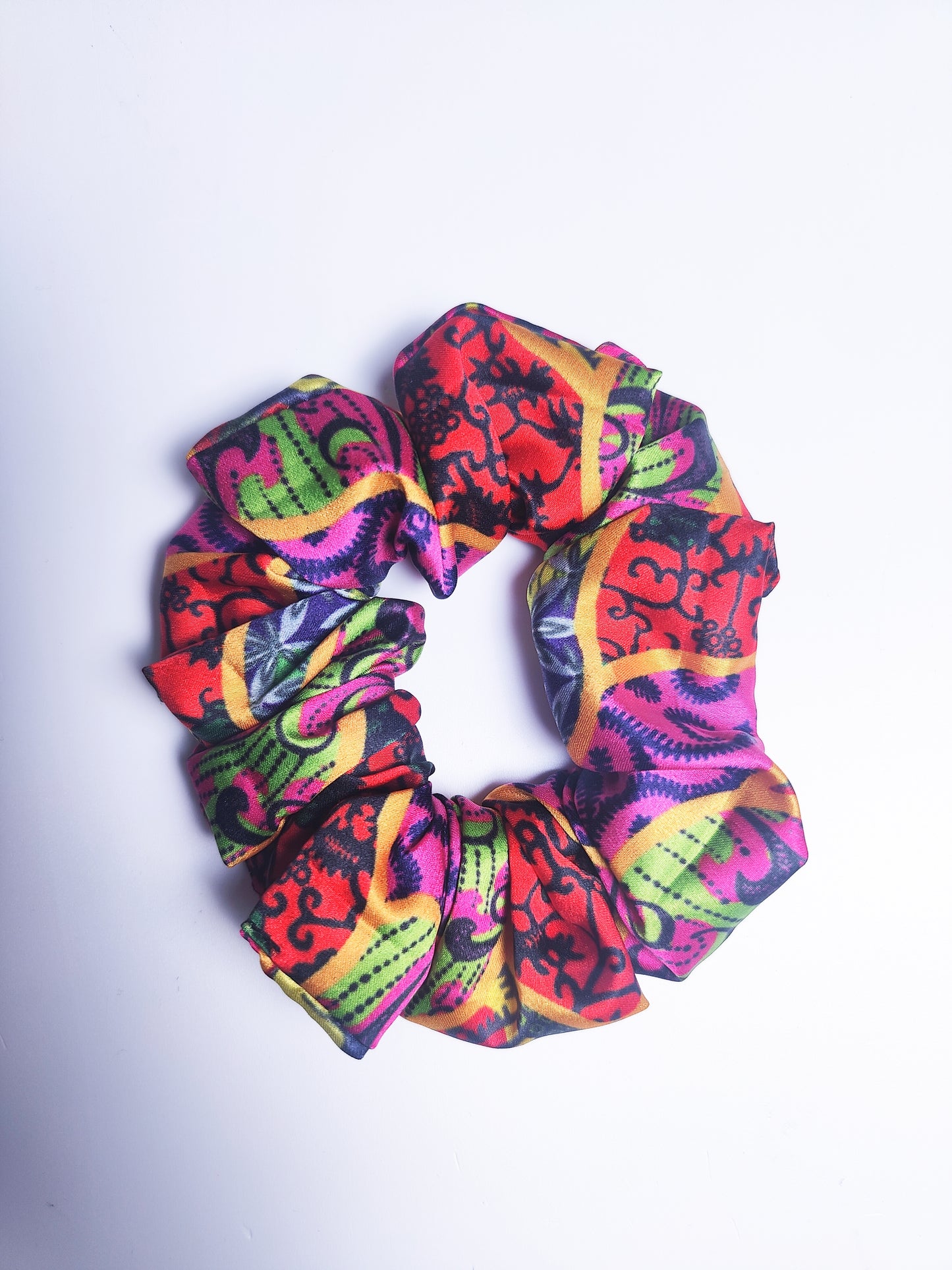 Satin Pink Yellow Green African Print Scrunchie