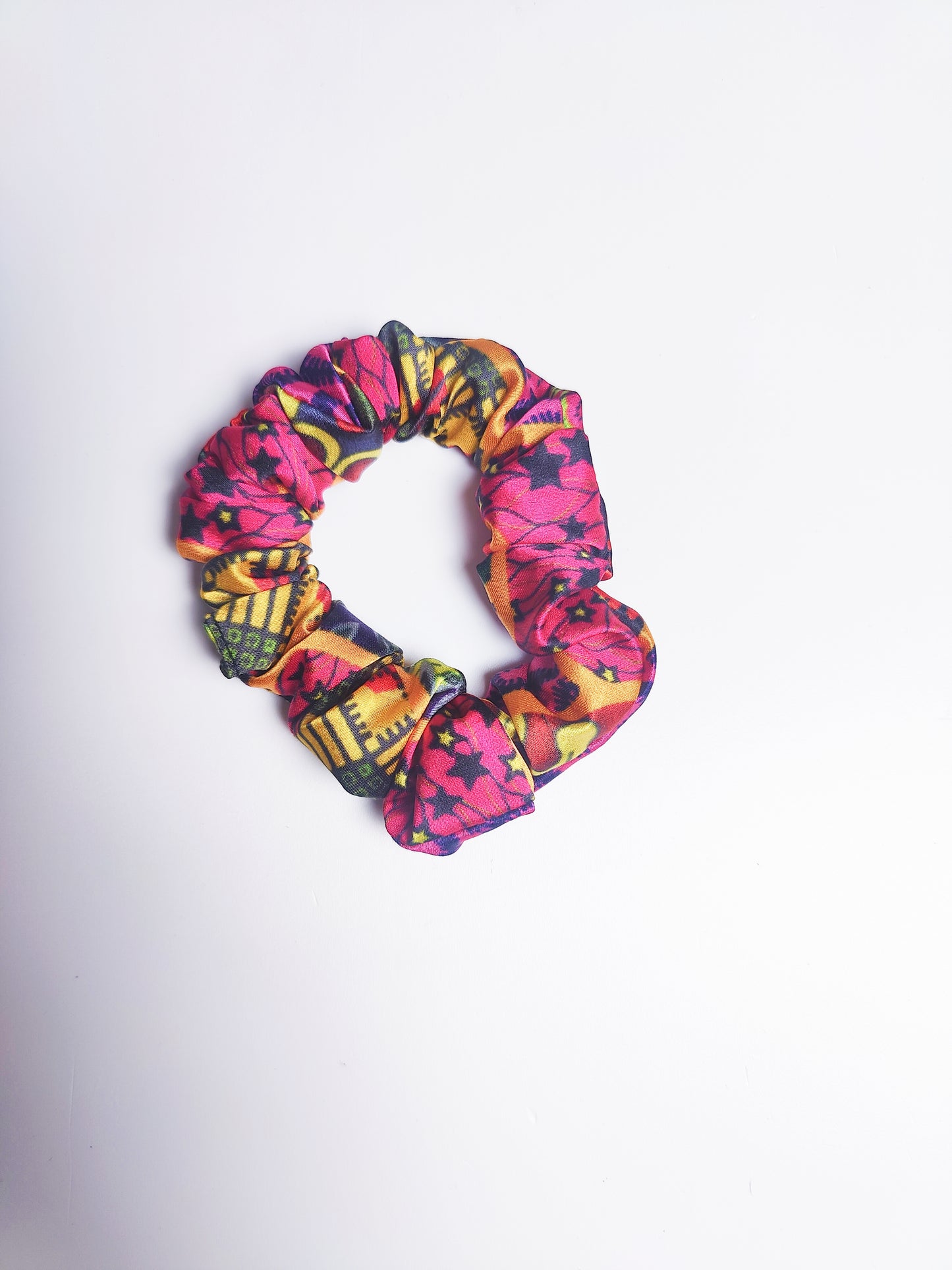 Satin Pink Yellow Green African Print Scrunchie