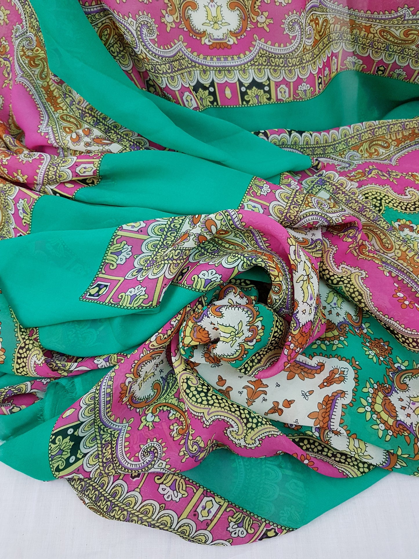 Green and Pink Print Chiffon Fabric