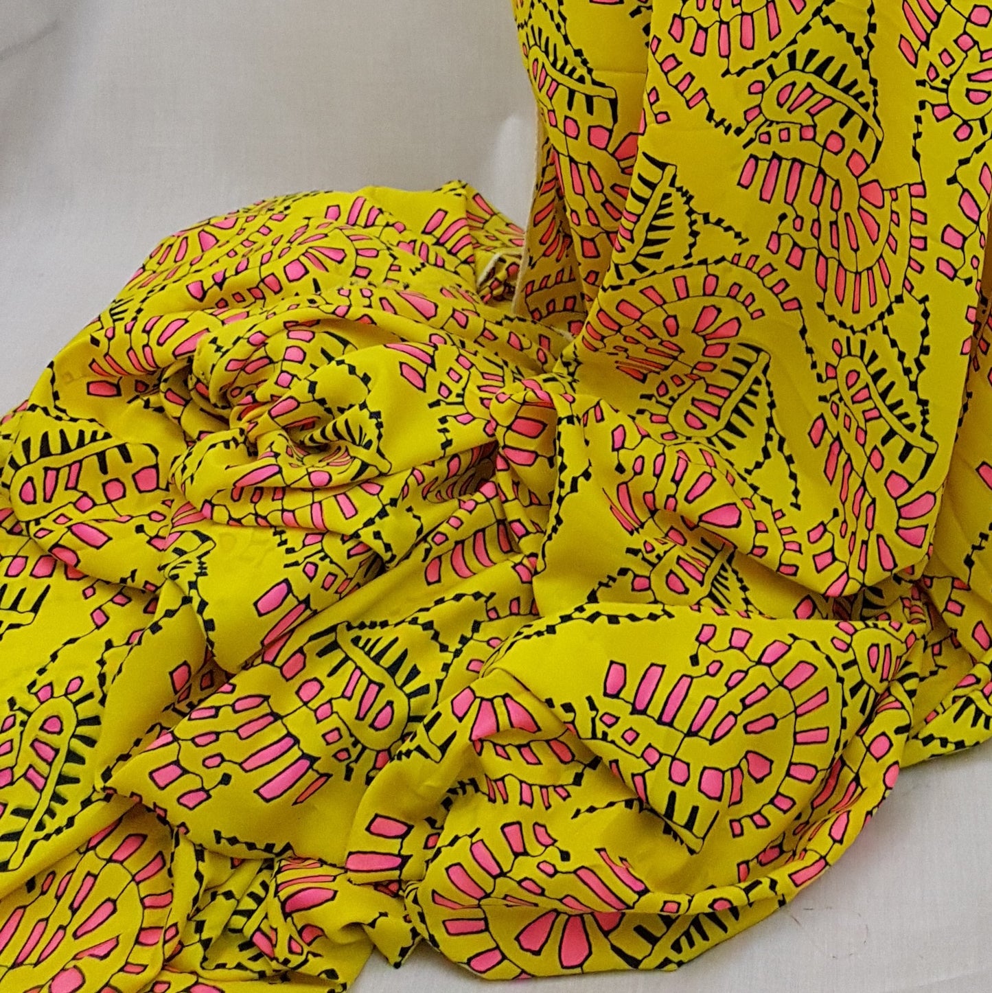 Yellow and Pink Abstract Print Georgette Crepe Fabric