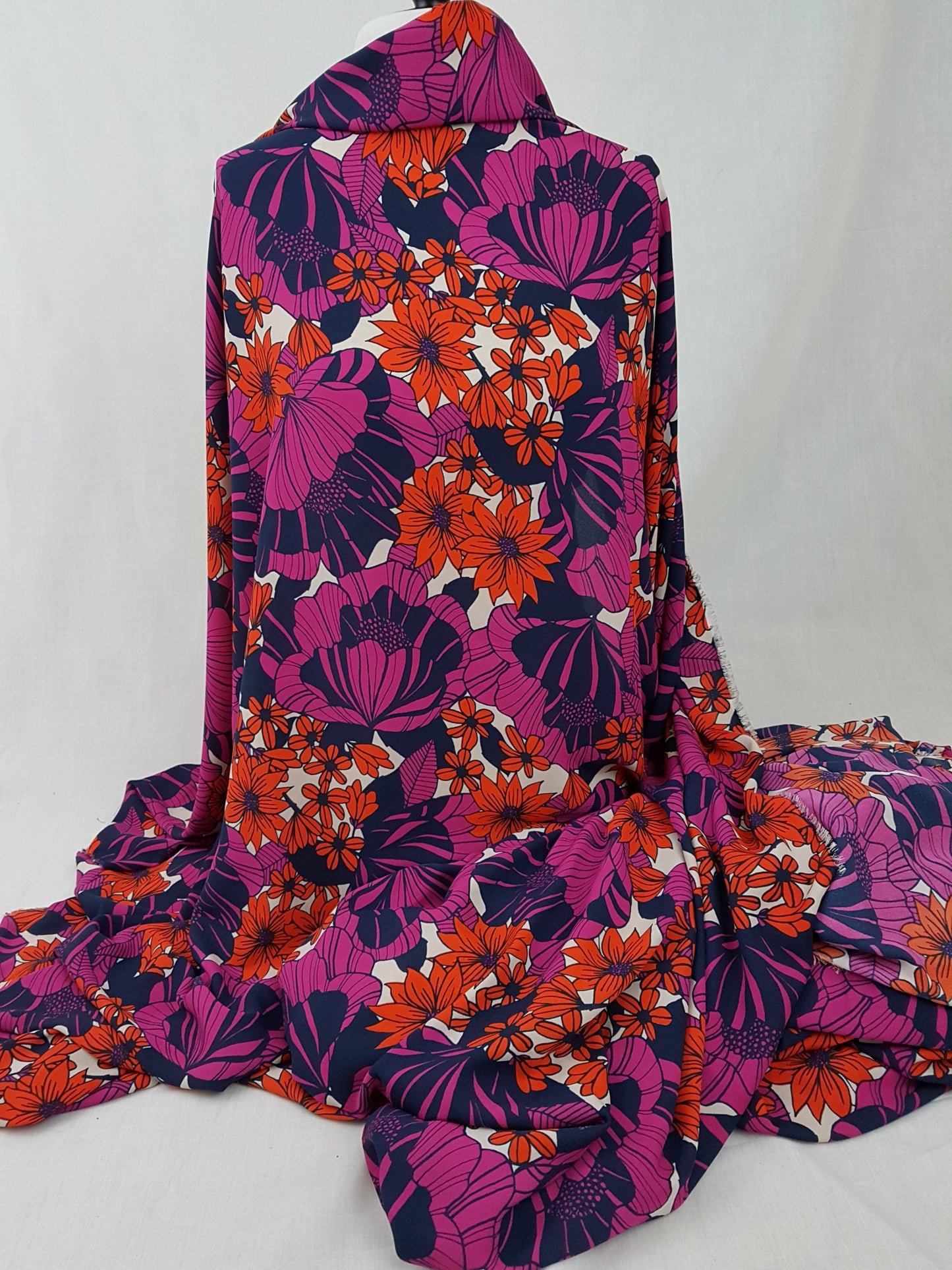 Purple, Navy and Orange Floral Print Georgette Crepe Fabric