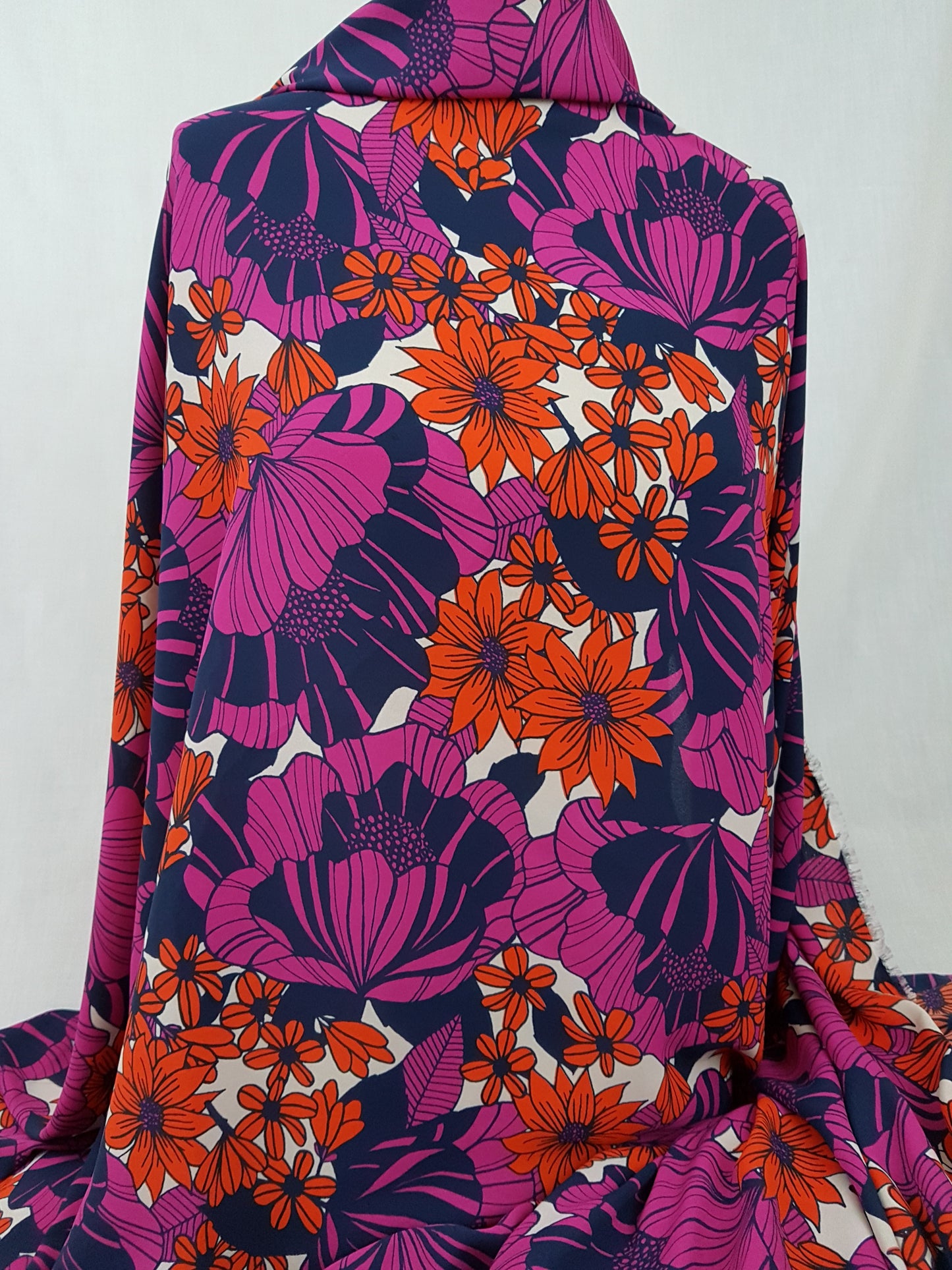Purple, Navy and Orange Floral Print Georgette Crepe Fabric