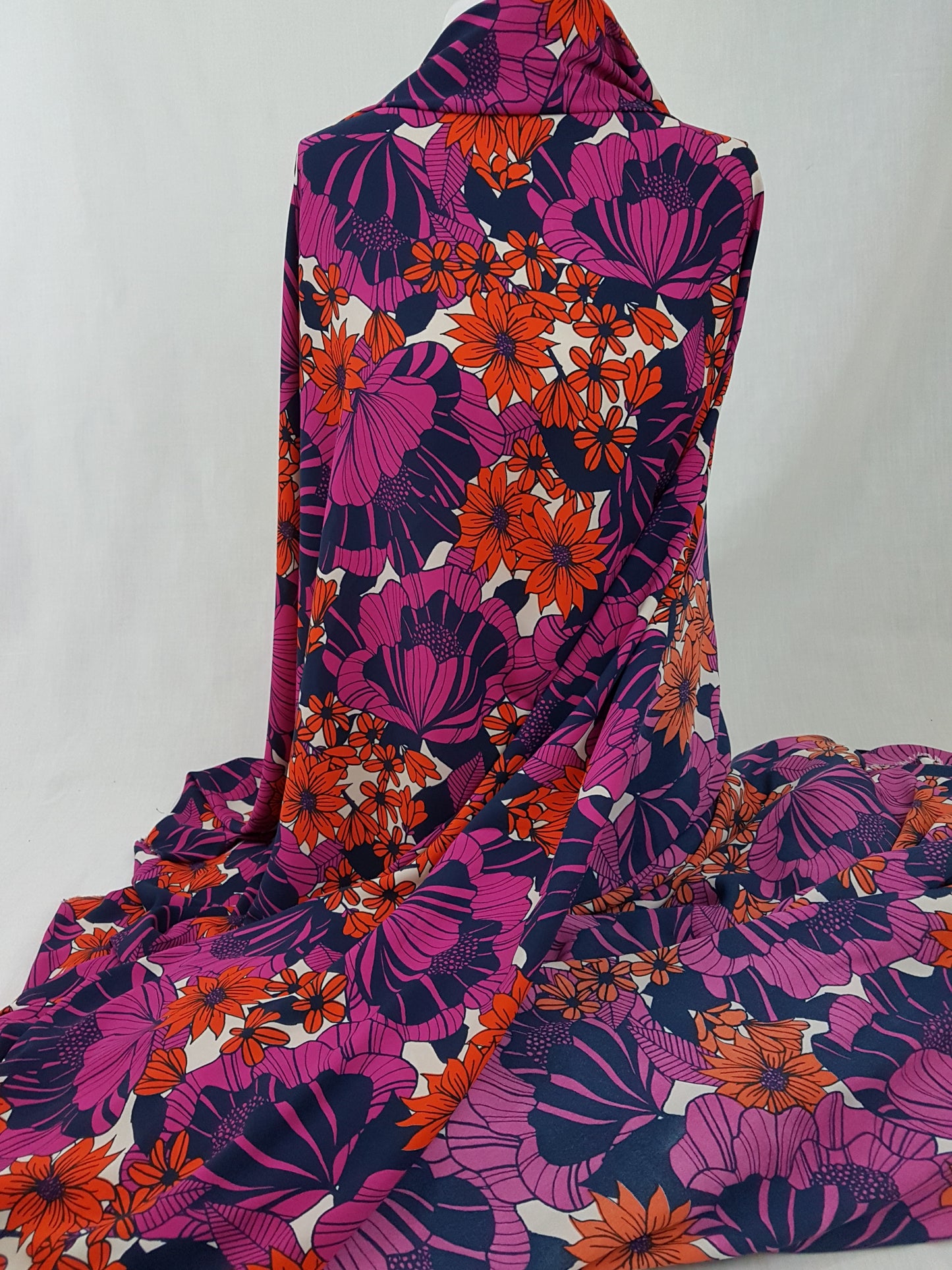 Purple, Navy and Orange Floral Print Georgette Crepe Fabric