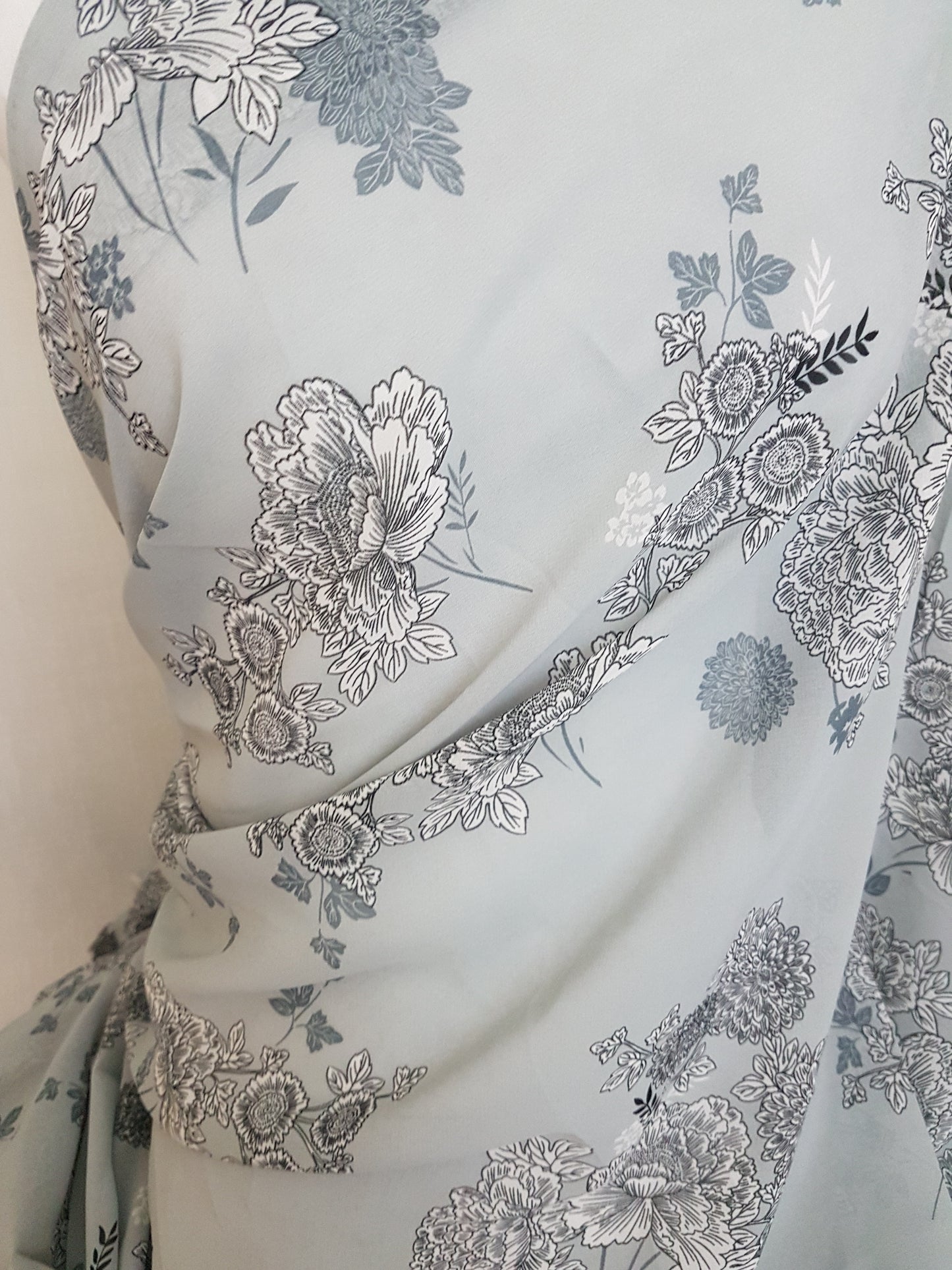 Grey Floral Pattern Print Chiffon Fabric