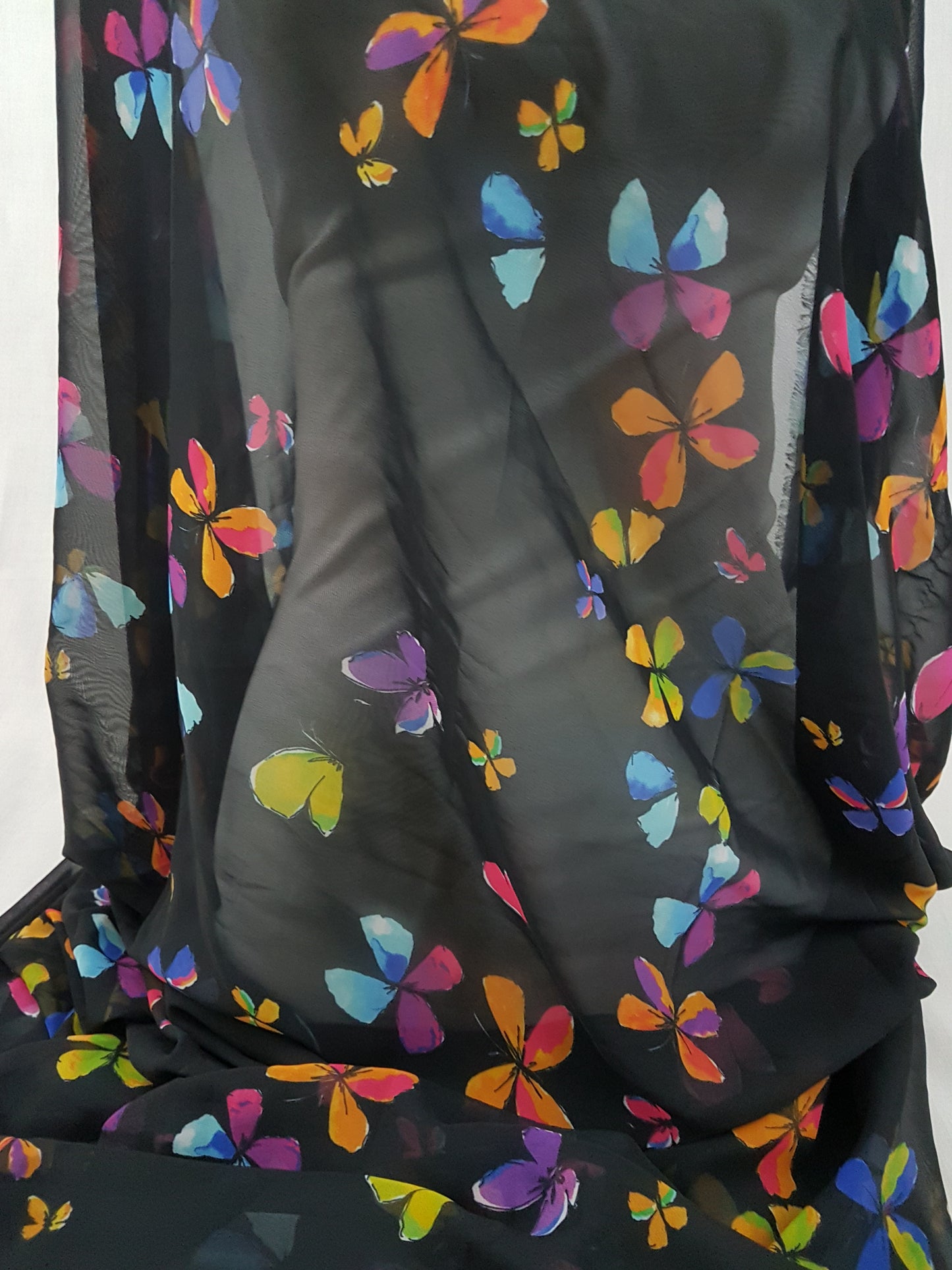 Black Colourful Butterfly Pattern Print Chiffon Fabric