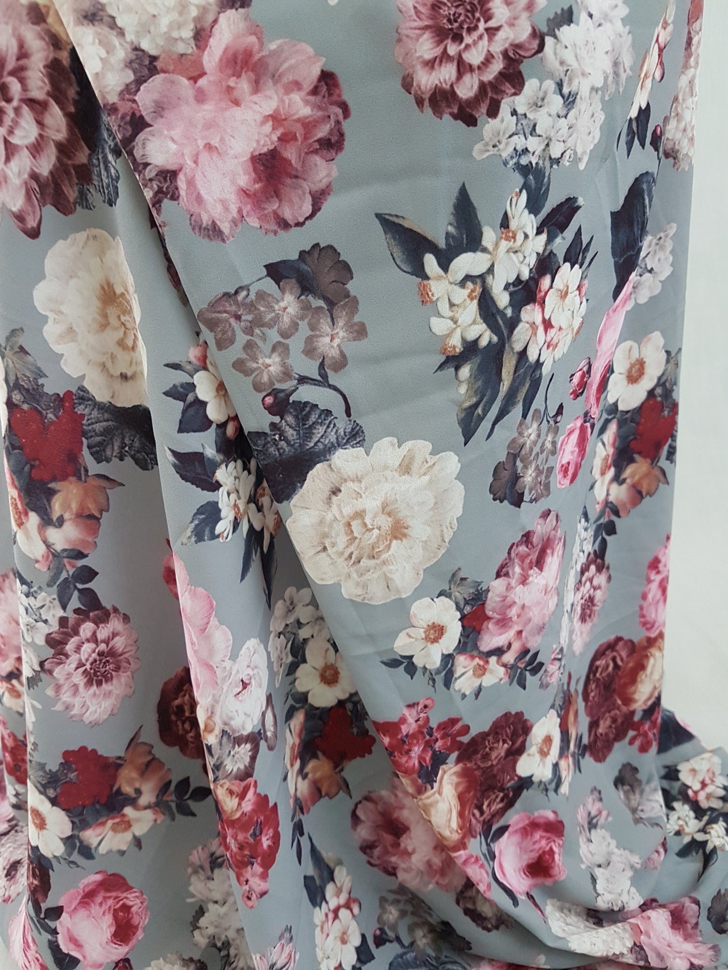 Grey Flowers Print Georgette Fabric